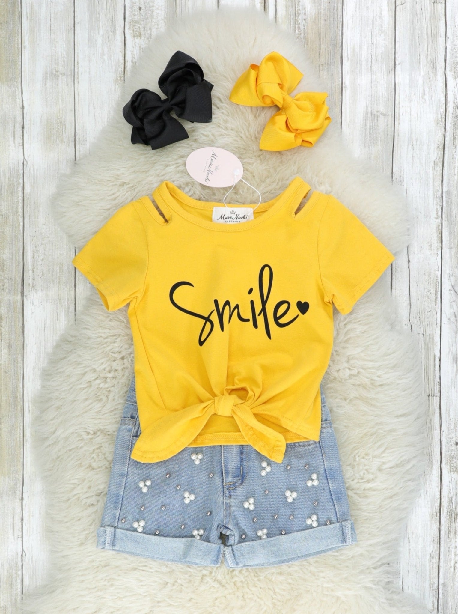 Yellow "Smile" Tie Top & Denim Shorts Outfit - Marie Nicole Clothing