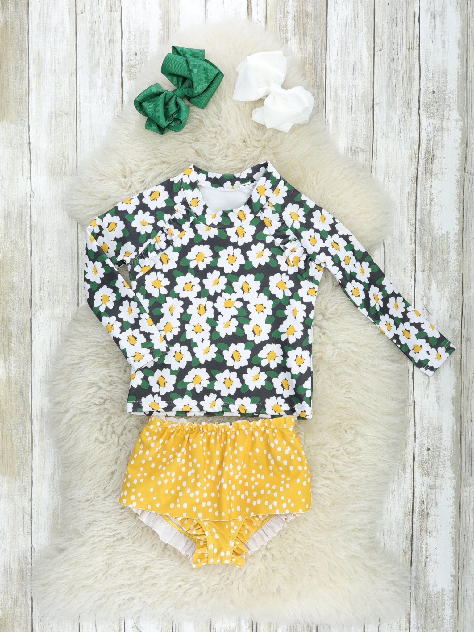 Daisy Rash Guard & Mustard Ruffle Bottoms Swim Set - Marie Nicole Clothing