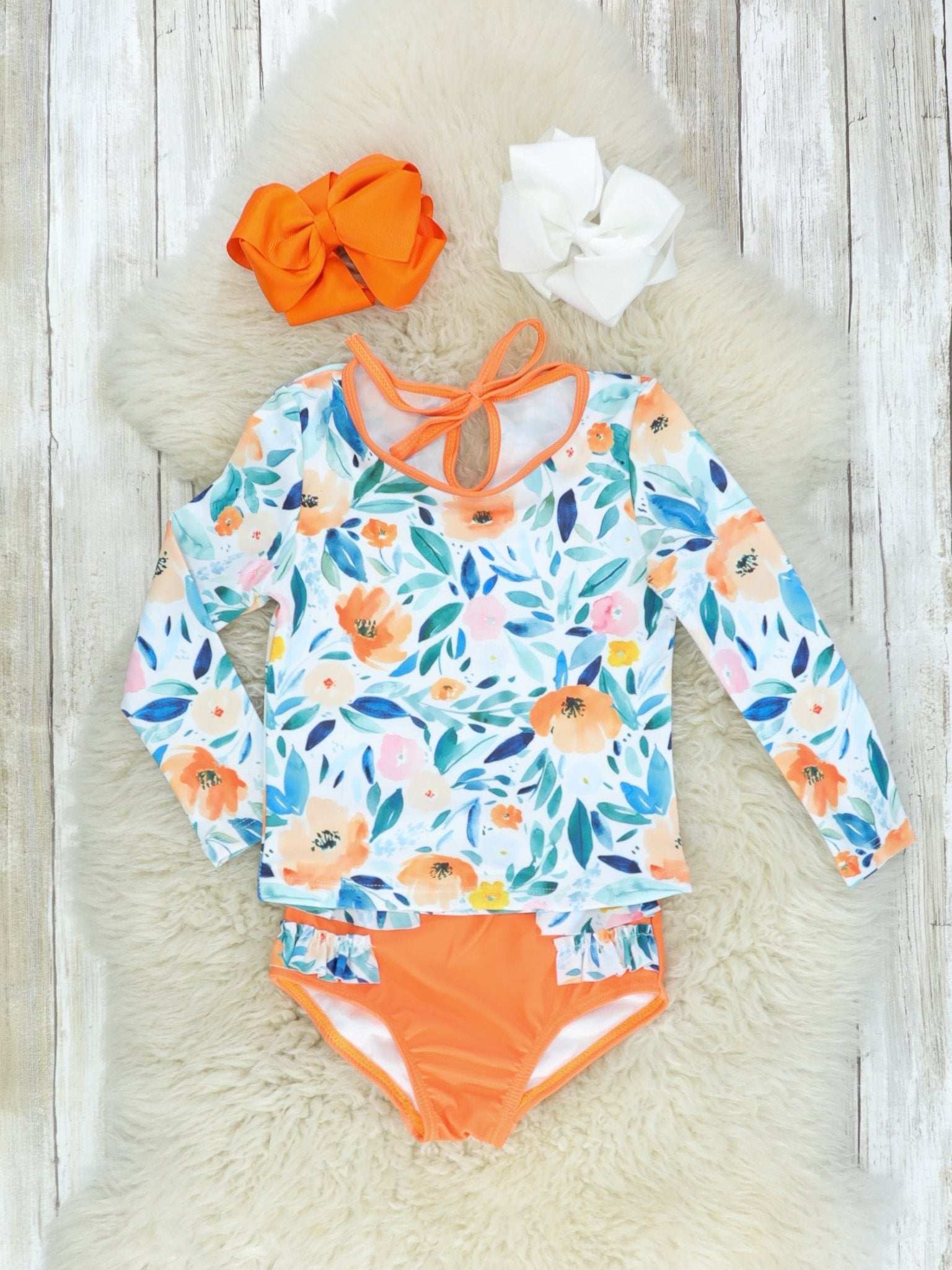 Orange & Blue Floral Rash Guard Ruffle Swimsuit - Marie Nicole Clothing