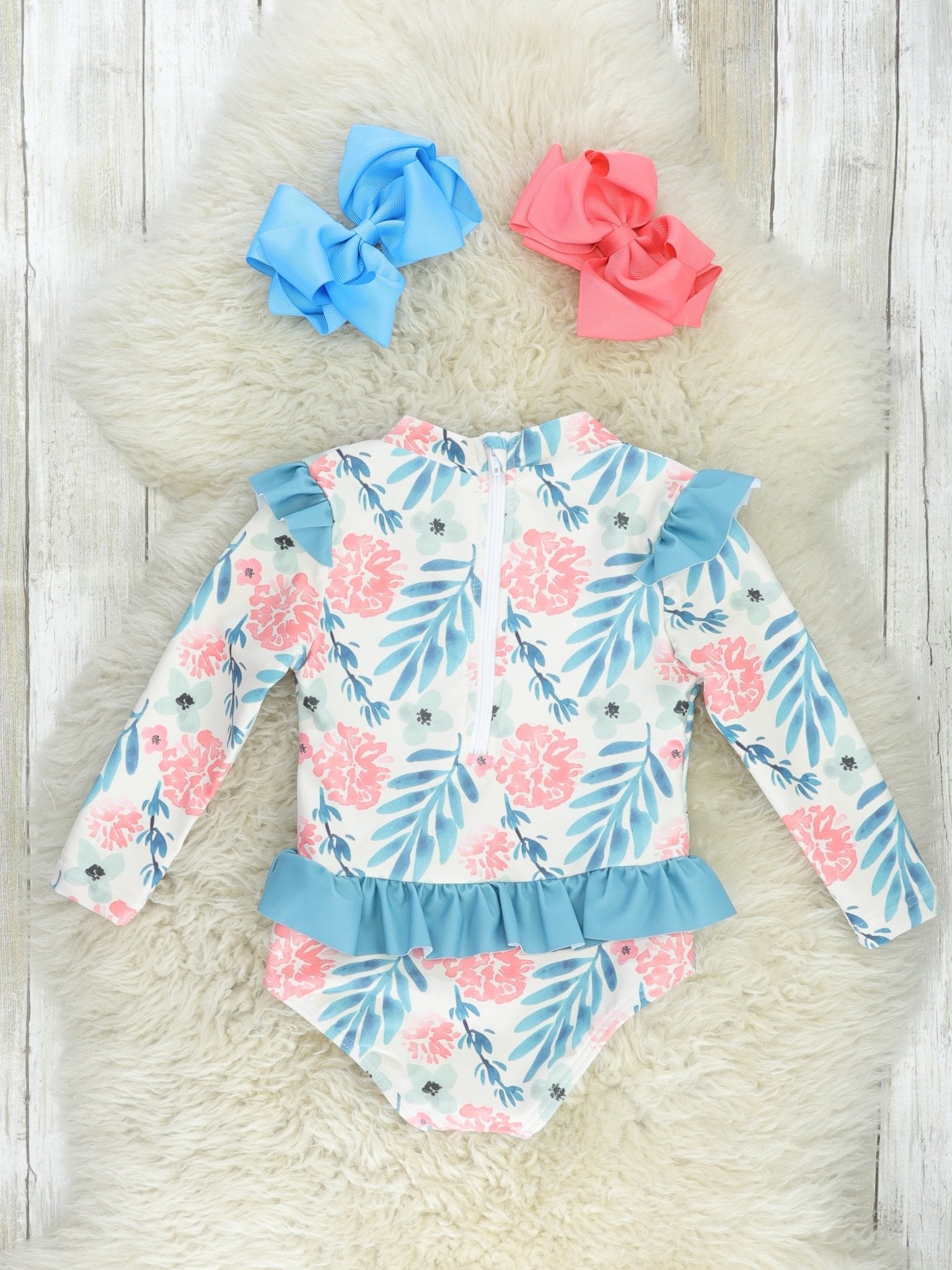 Coral Hydrangea Ruffle Rash Guard Swimsuit - Marie Nicole Clothing