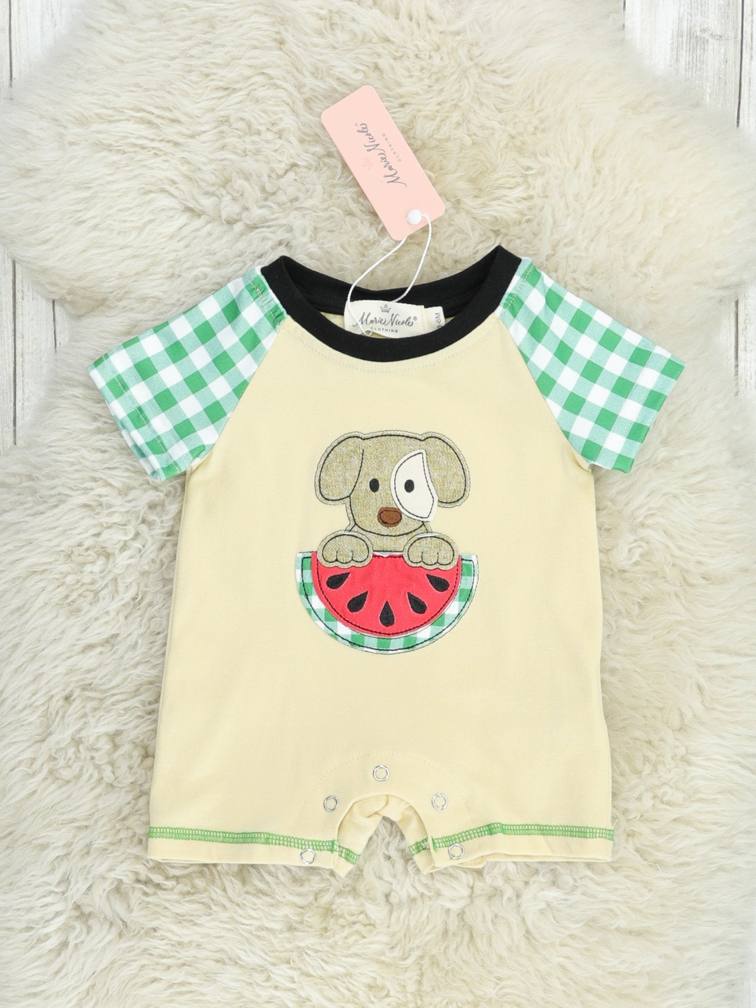 Green Gingham Watermelon Puppy Romper - Marie Nicole Clothing