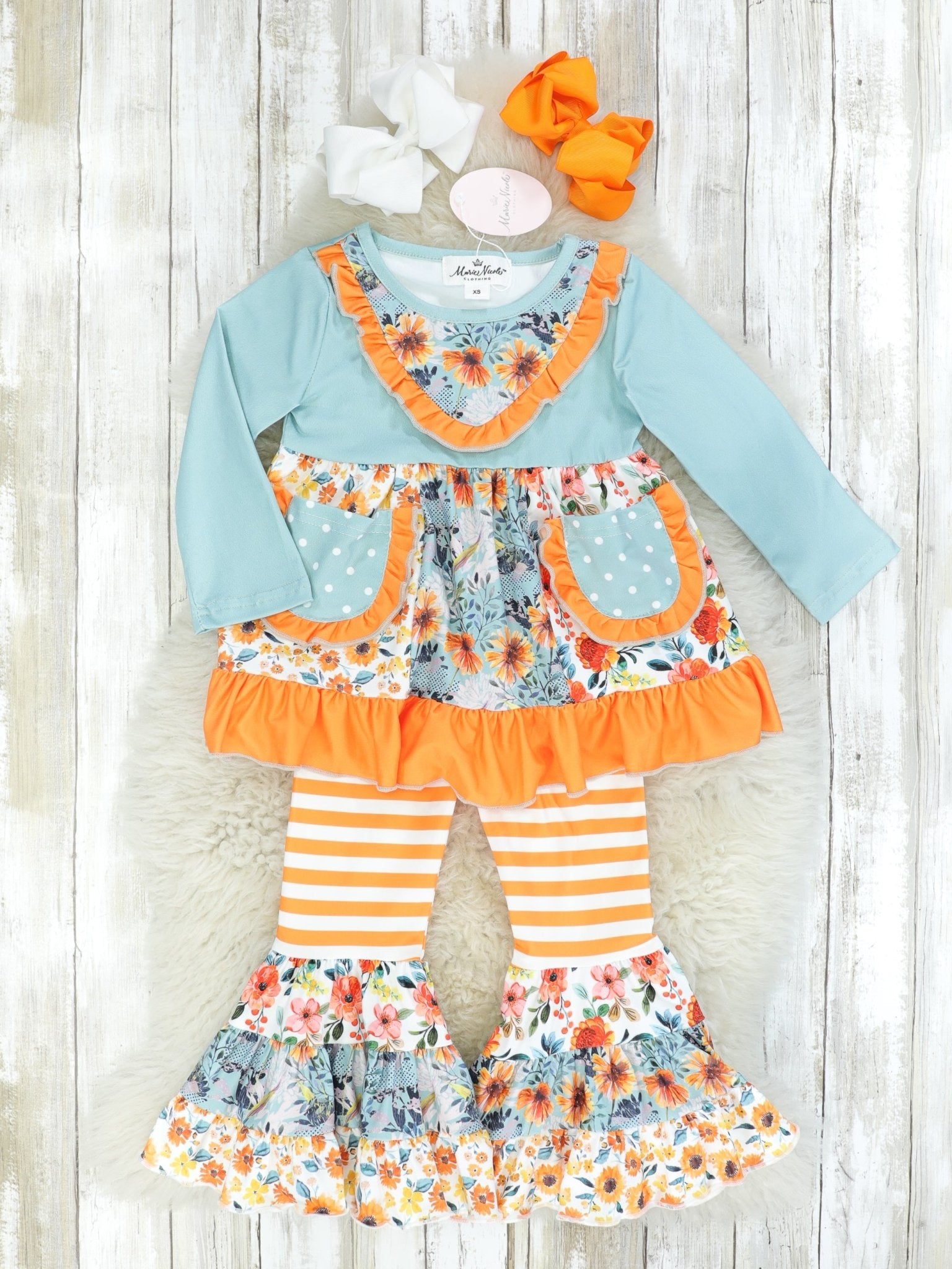 Pocket Flara Bells Outfit - Light Blue & Orange - Marie Nicole Clothing