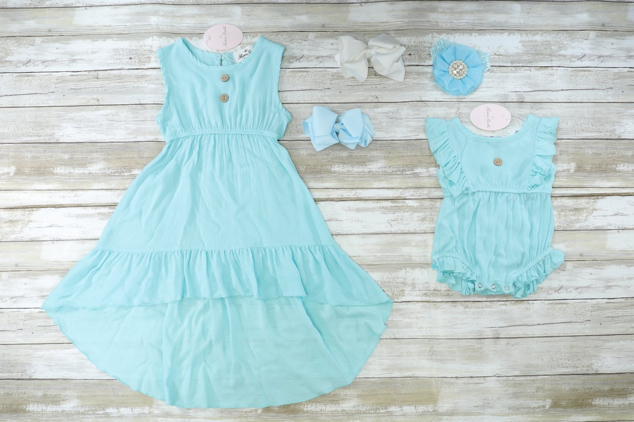 Mom & Me Aqua Maxi Dress & Romper - Beachwear - Marie Nicole Clothing