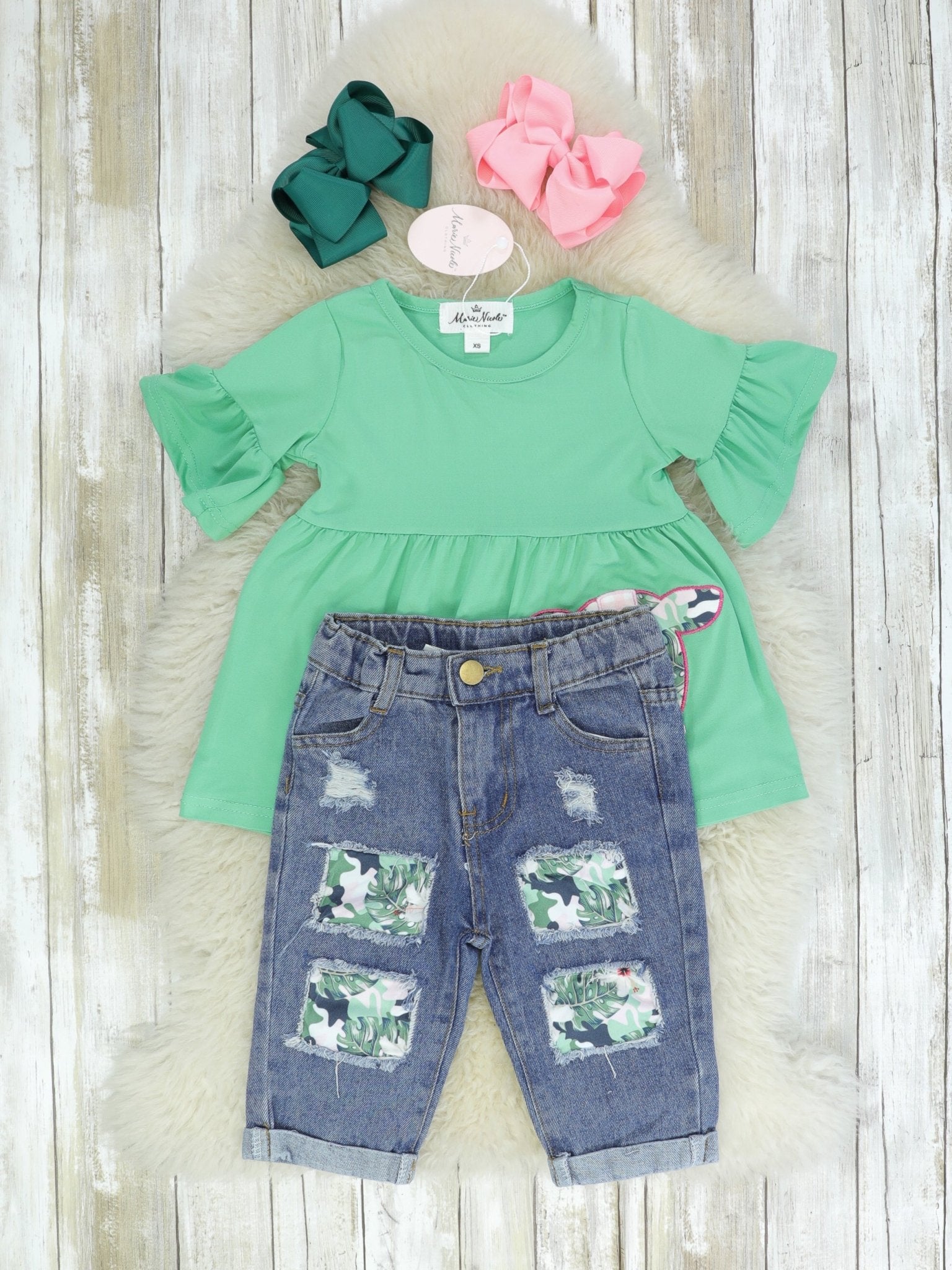 Green Cow Ruffle Tunic & Distressed Denim Capris - Marie Nicole Clothing