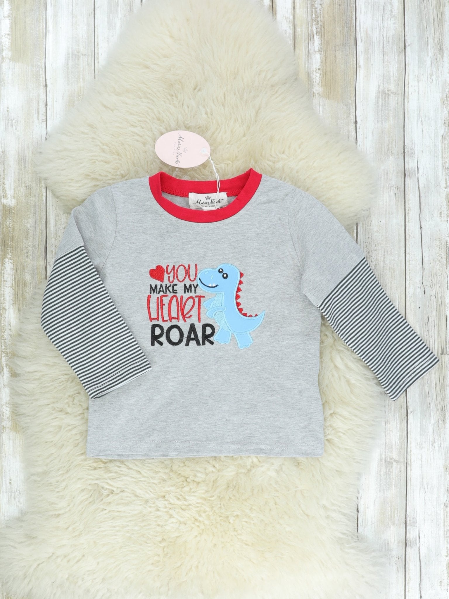You Make My Heart Roar Gray Striped T-Shirt - Marie Nicole Clothing