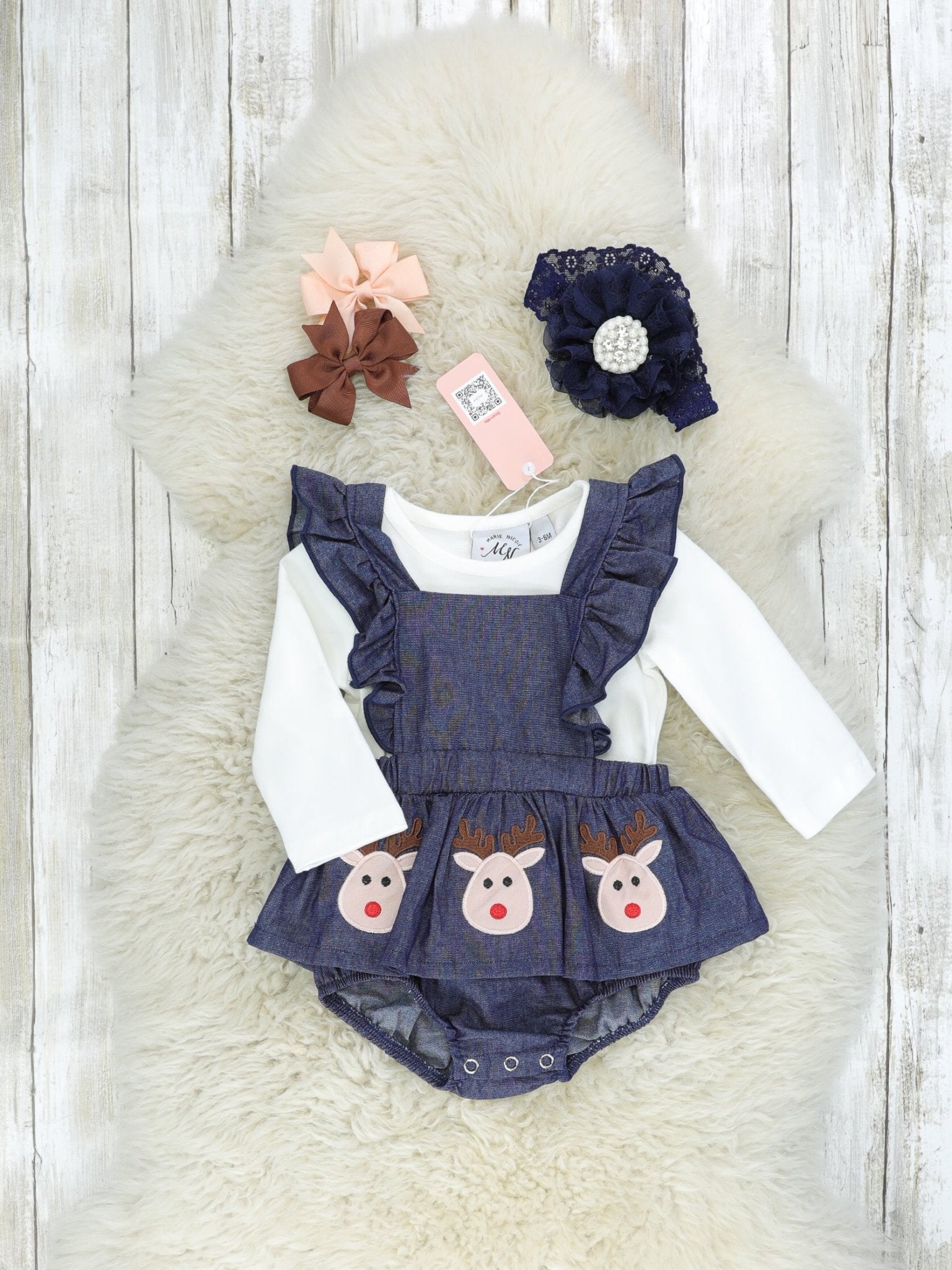 White Top & Chambray Reindeer Ruffle Romper - Marie Nicole Clothing