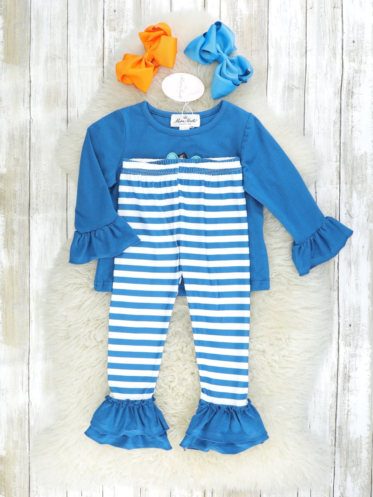 Teal Leopard Pumpkin Top & Striped Ruffle Bottoms Outfit - Marie Nicole Clothing