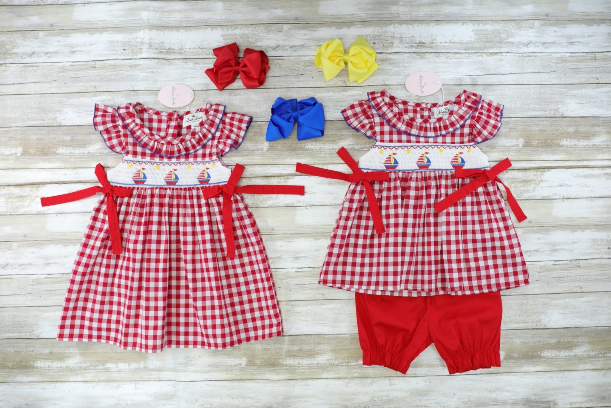 Red Check Smocked Sailboat Dress - Marie Nicole Clothing