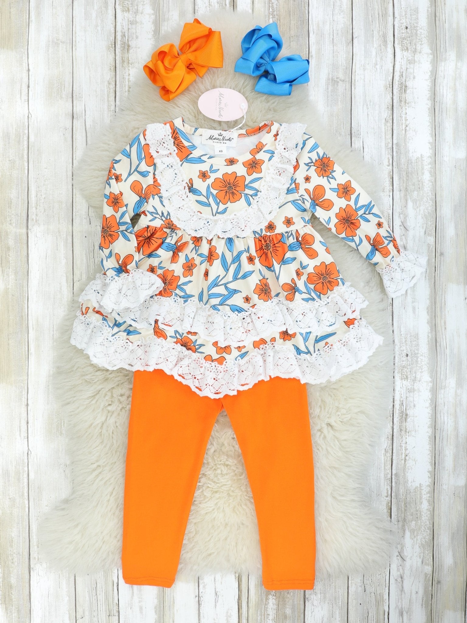 Orange & Blue Floral Eyelet Lace Outfit - Marie Nicole Clothing