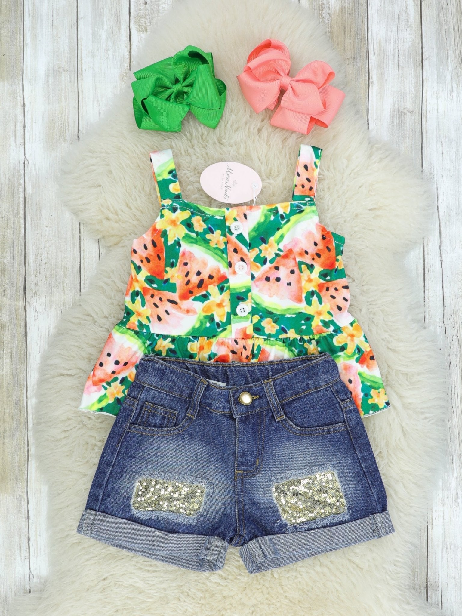 Watermelon Peplum Tank & Sequin Denim Outfit - Marie Nicole Clothing