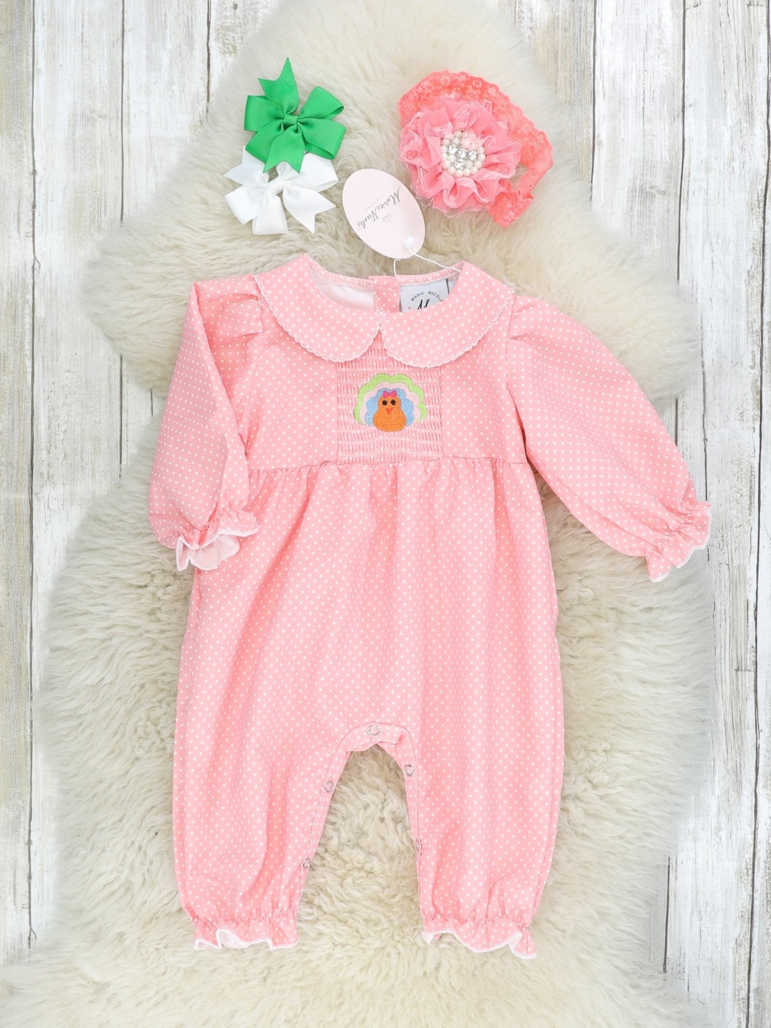 Pink Smocked Polka Dot Turkey Romper - Marie Nicole Clothing
