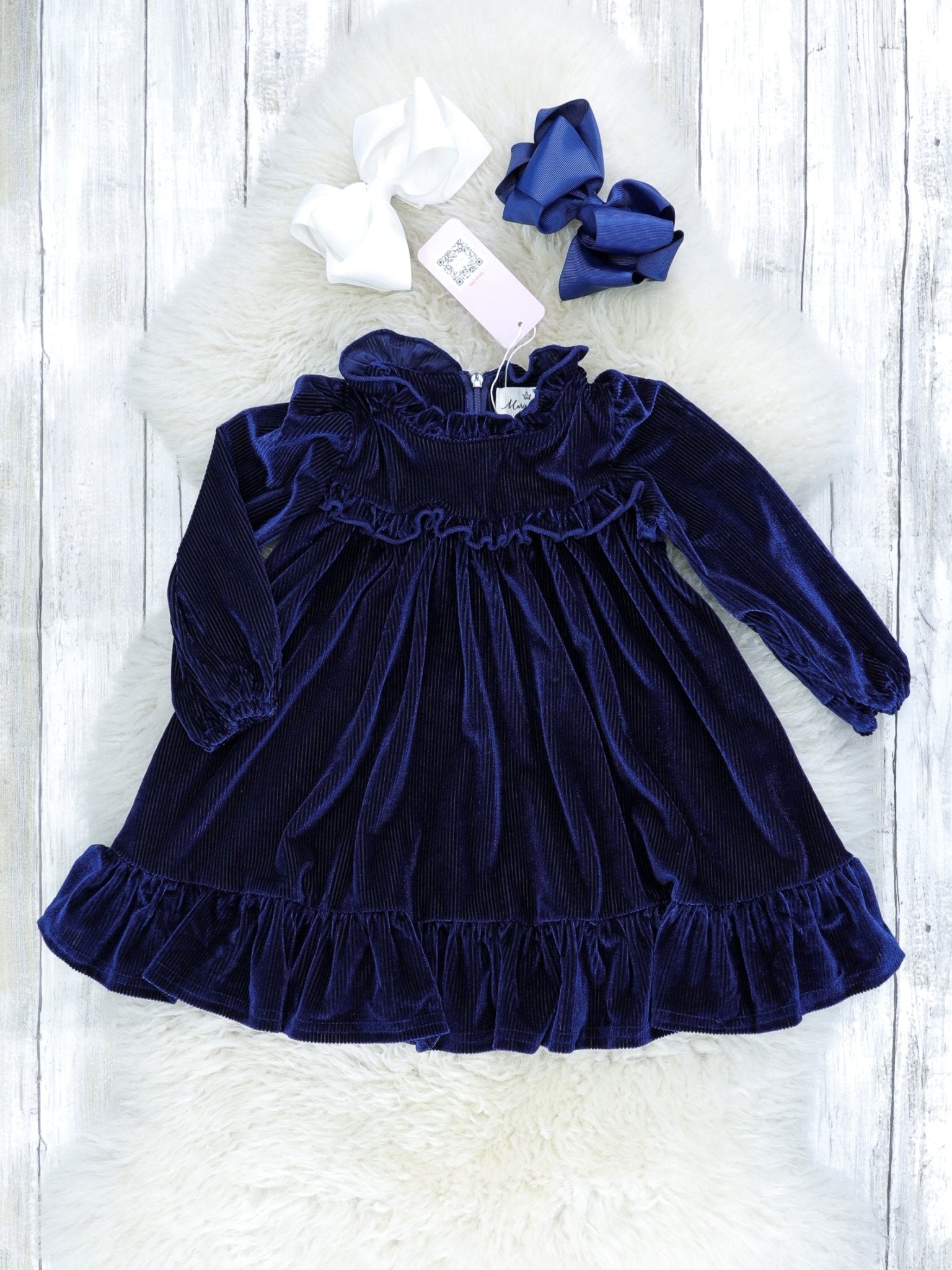 Midnight Blue Velvet Ruffle Dress - Marie Nicole Clothing
