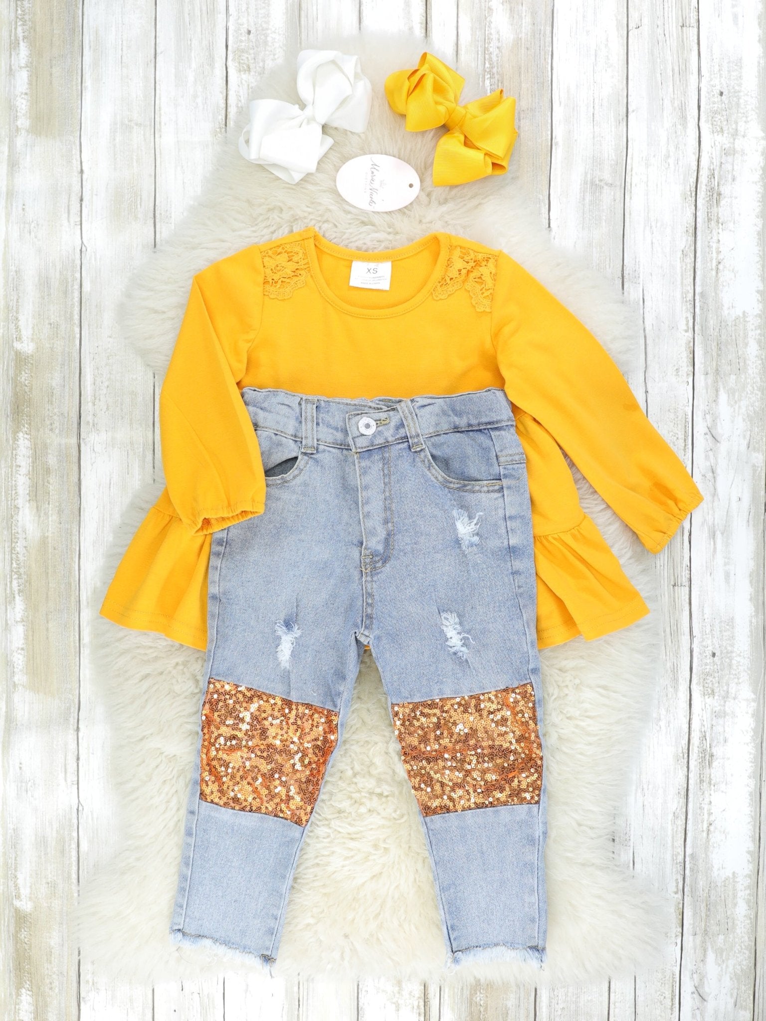 Mustard Lace Tier Top & Distressed Denim Sequin Outfit - Marie Nicole Clothing