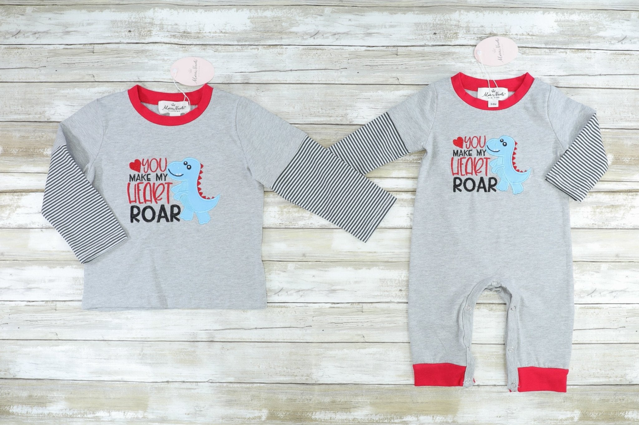 You Make My Heart Roar Gray Striped Romper - Marie Nicole Clothing