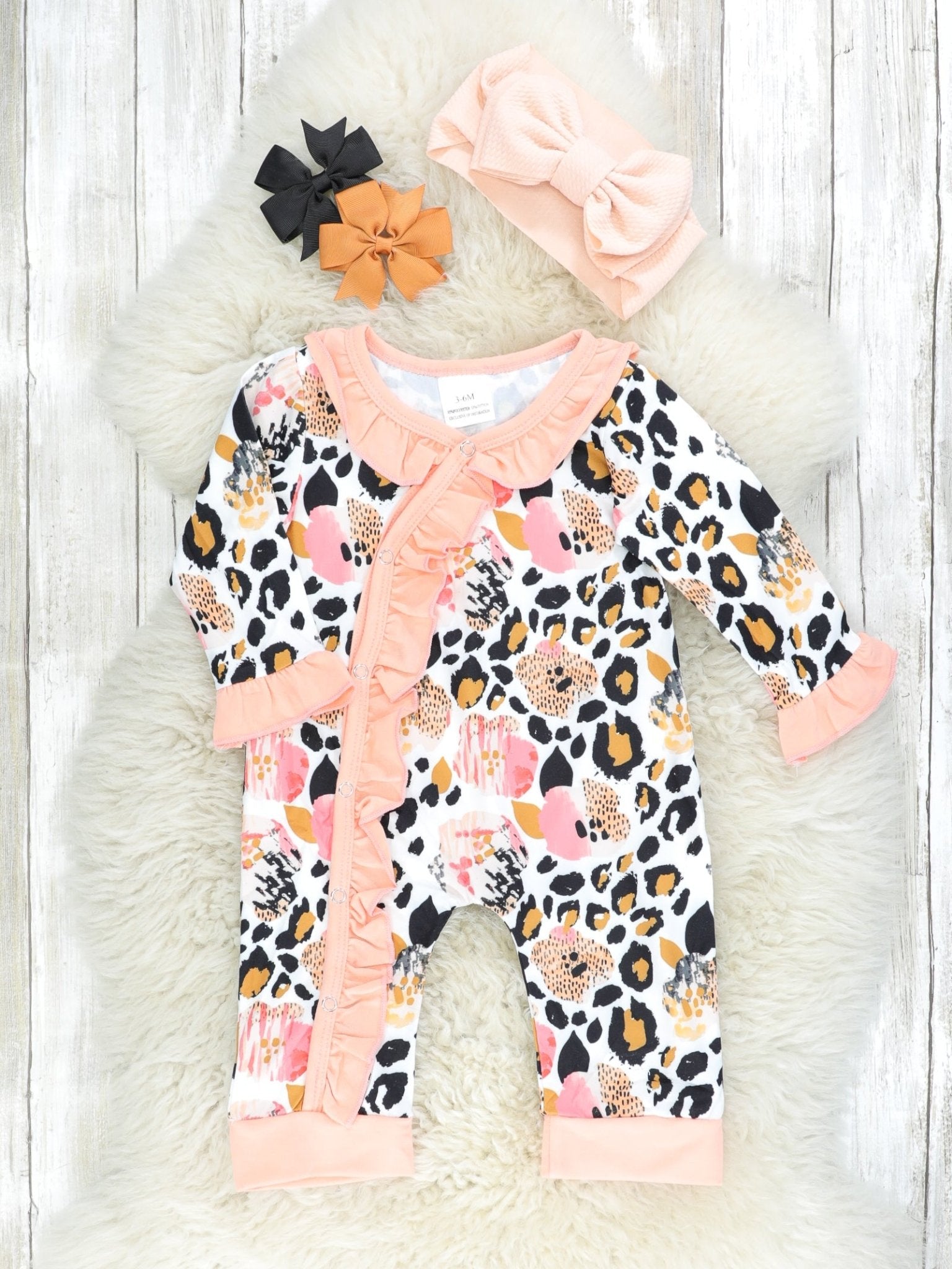 Peach Leopard Ruffle Romper - Marie Nicole Clothing