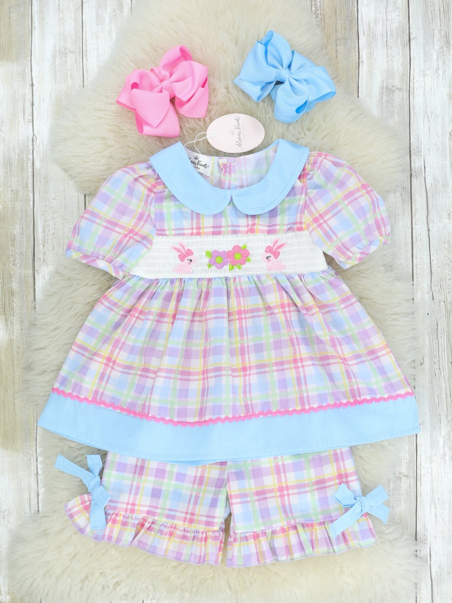 Plaid Pastel Smocked Bunnies Outfit - Marie Nicole Clothing