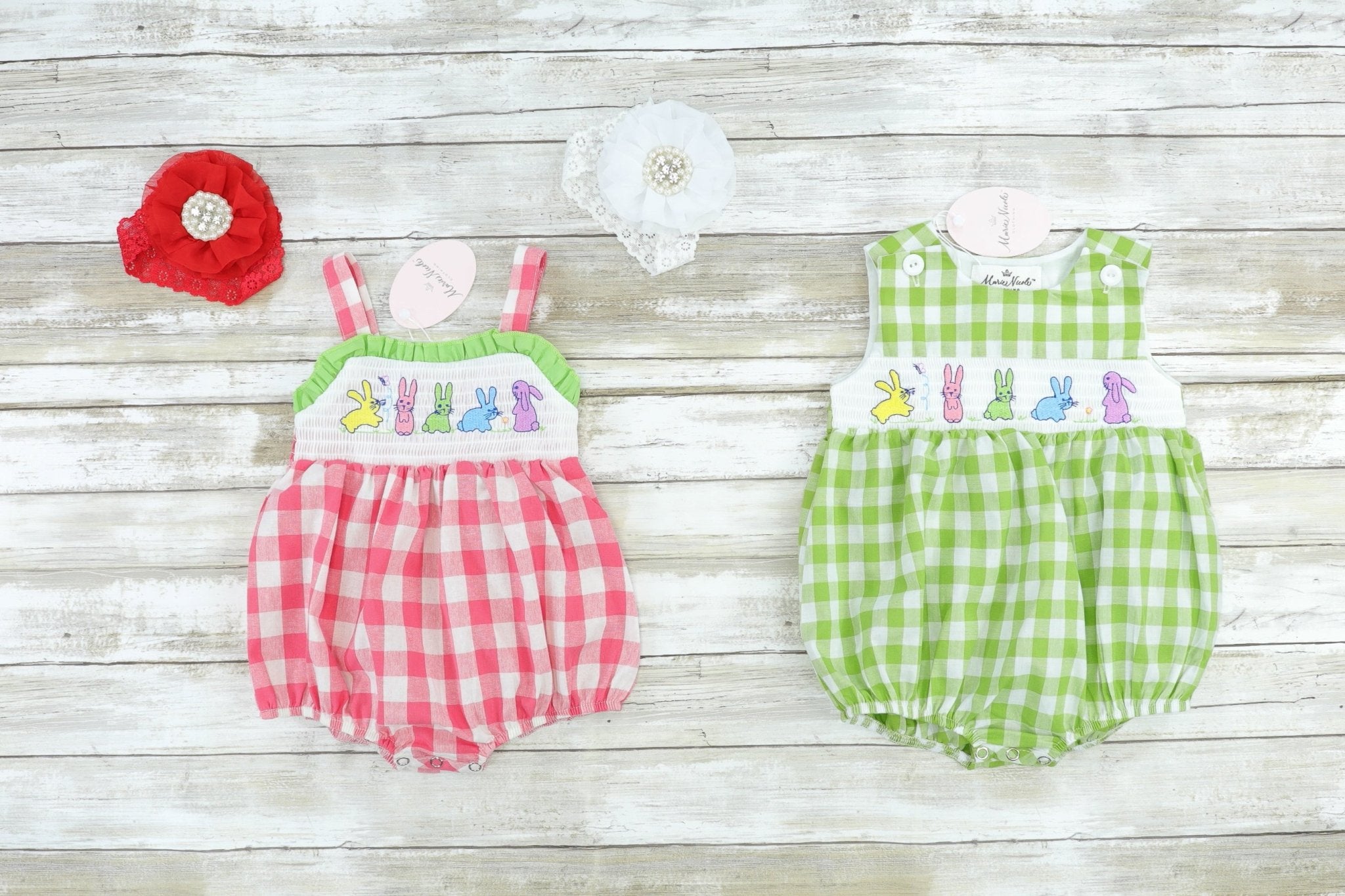 Picnic Bunnies Cotton Green Check Bubble Romper - Marie Nicole Clothing