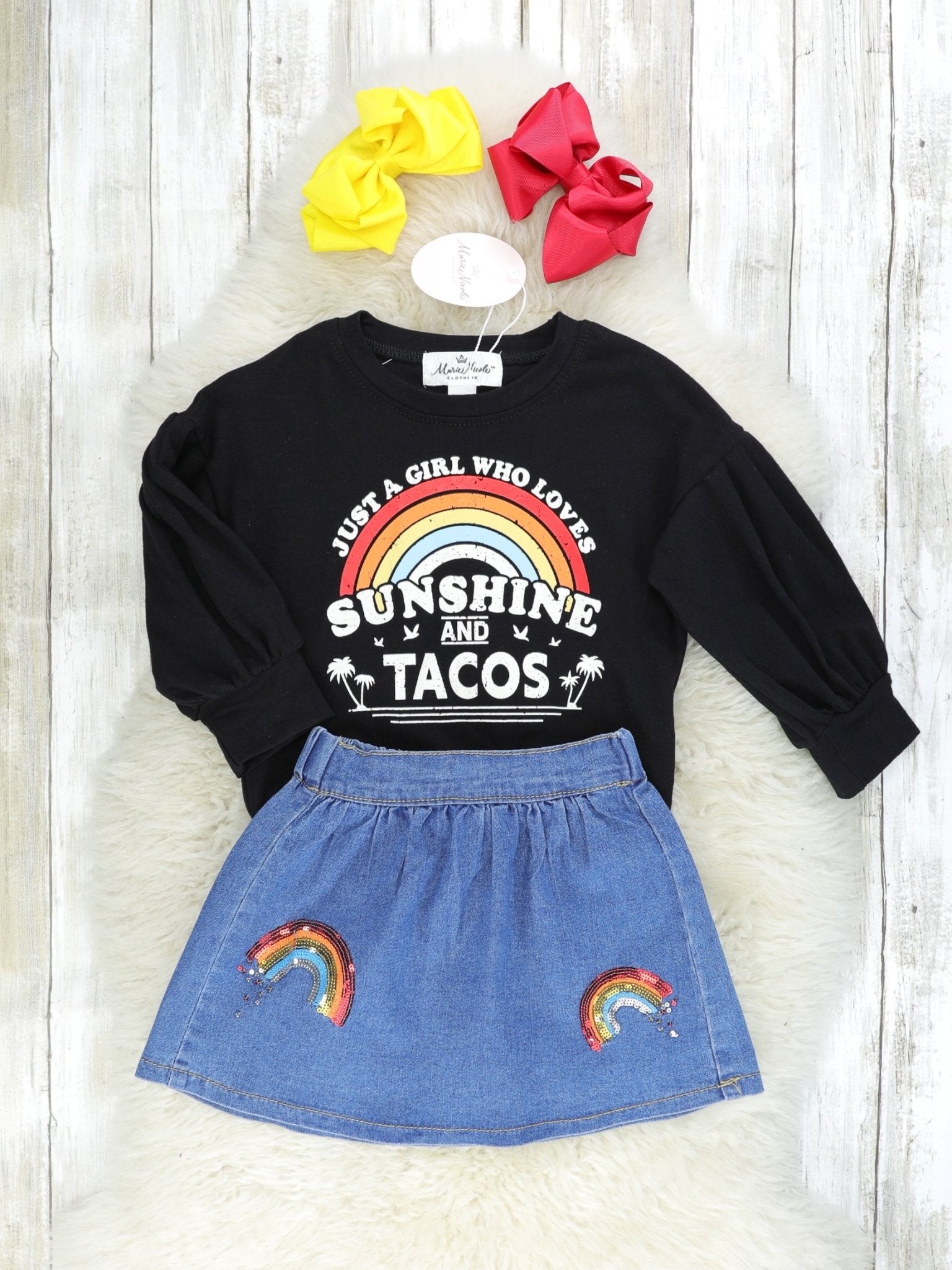 "Sunshine & Tacos" Top & Denim Rainbow Skirt Outfit - Marie Nicole Clothing