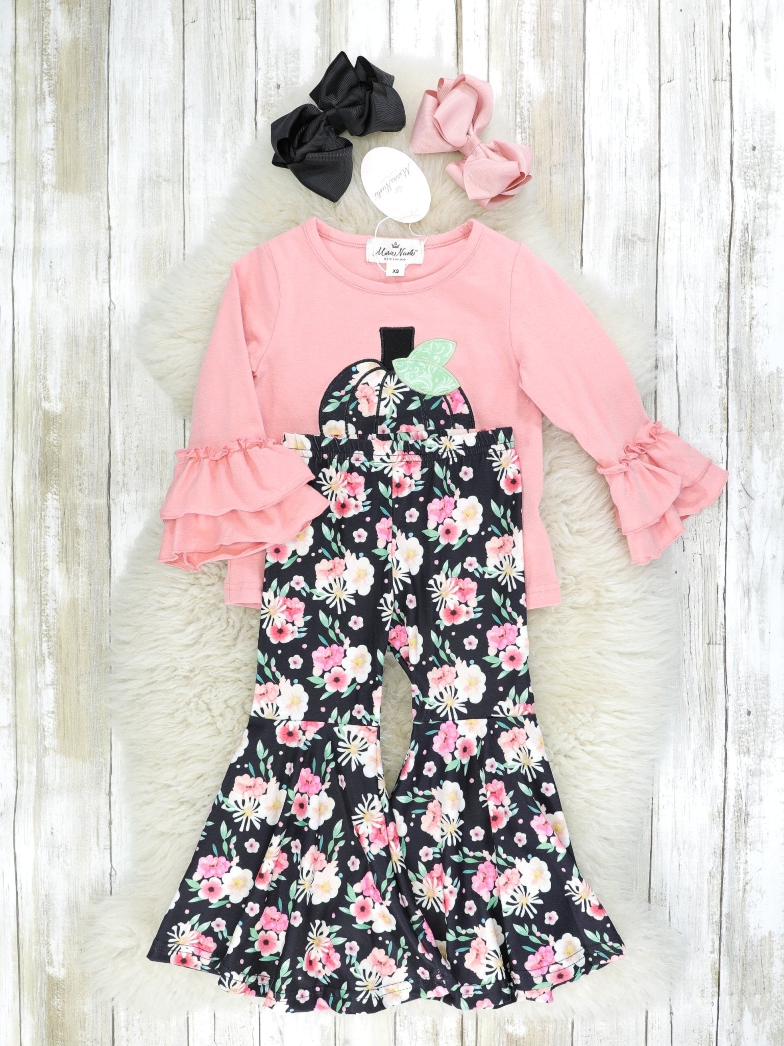Pink & Black Floral Pumpkin Bell Bottom Outfit - Marie Nicole Clothing
