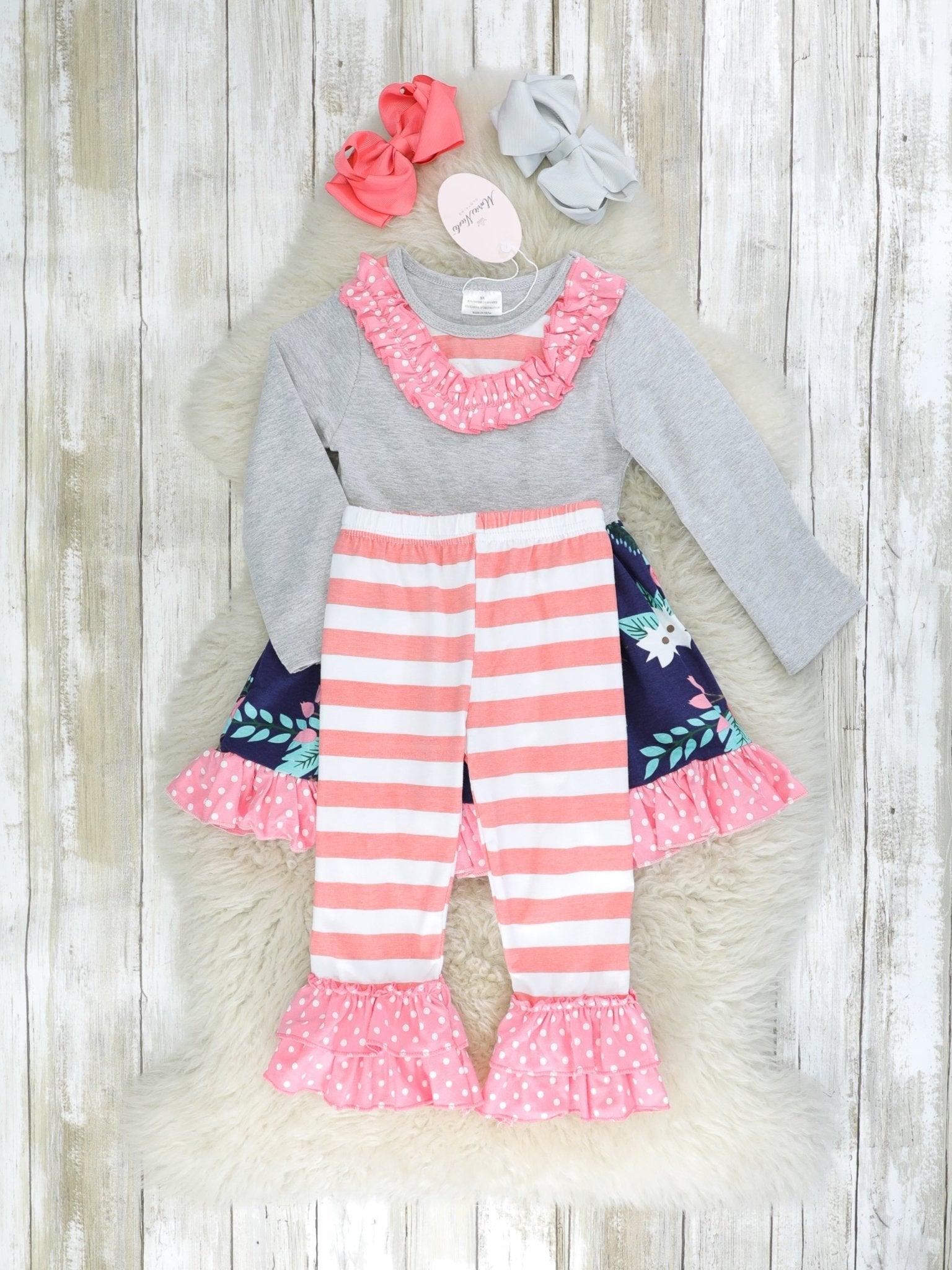 Navy & Peach Floral Ruffle Outfit - Marie Nicole Clothing
