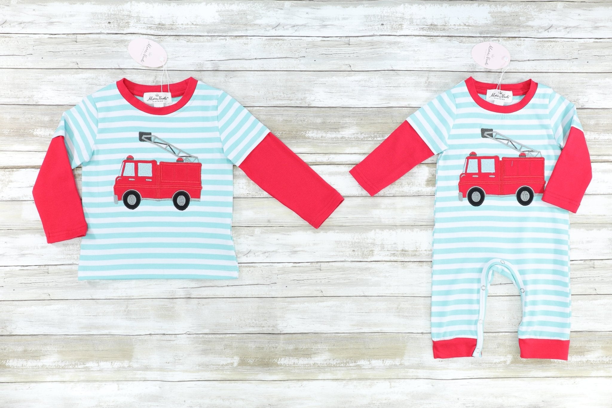 Red & Turquoise Striped Firetruck Romper - Marie Nicole Clothing