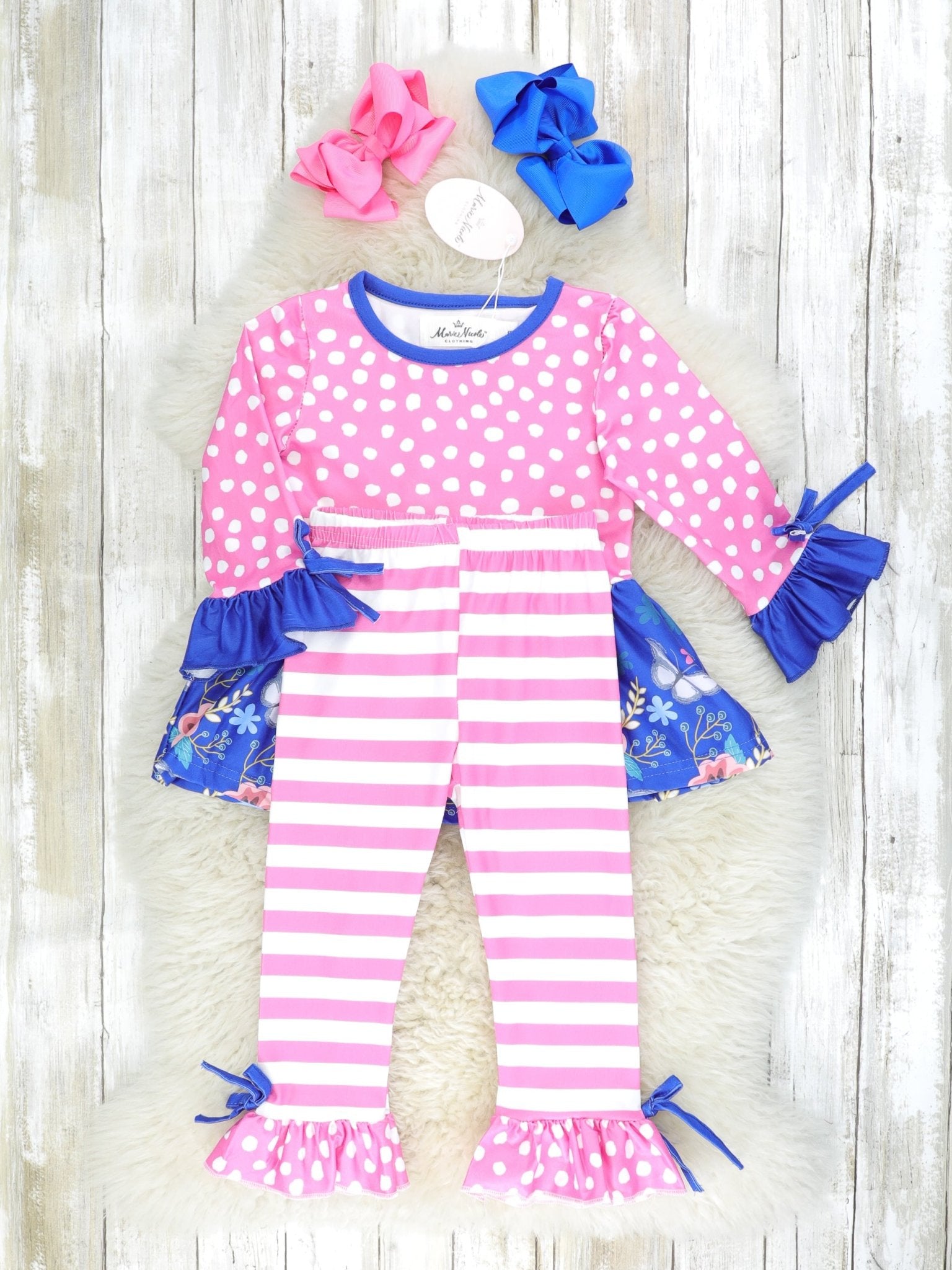 Blue Floral Butterfly Ruffle Tunic & Pink Striped Bottoms Outfit - Marie Nicole Clothing