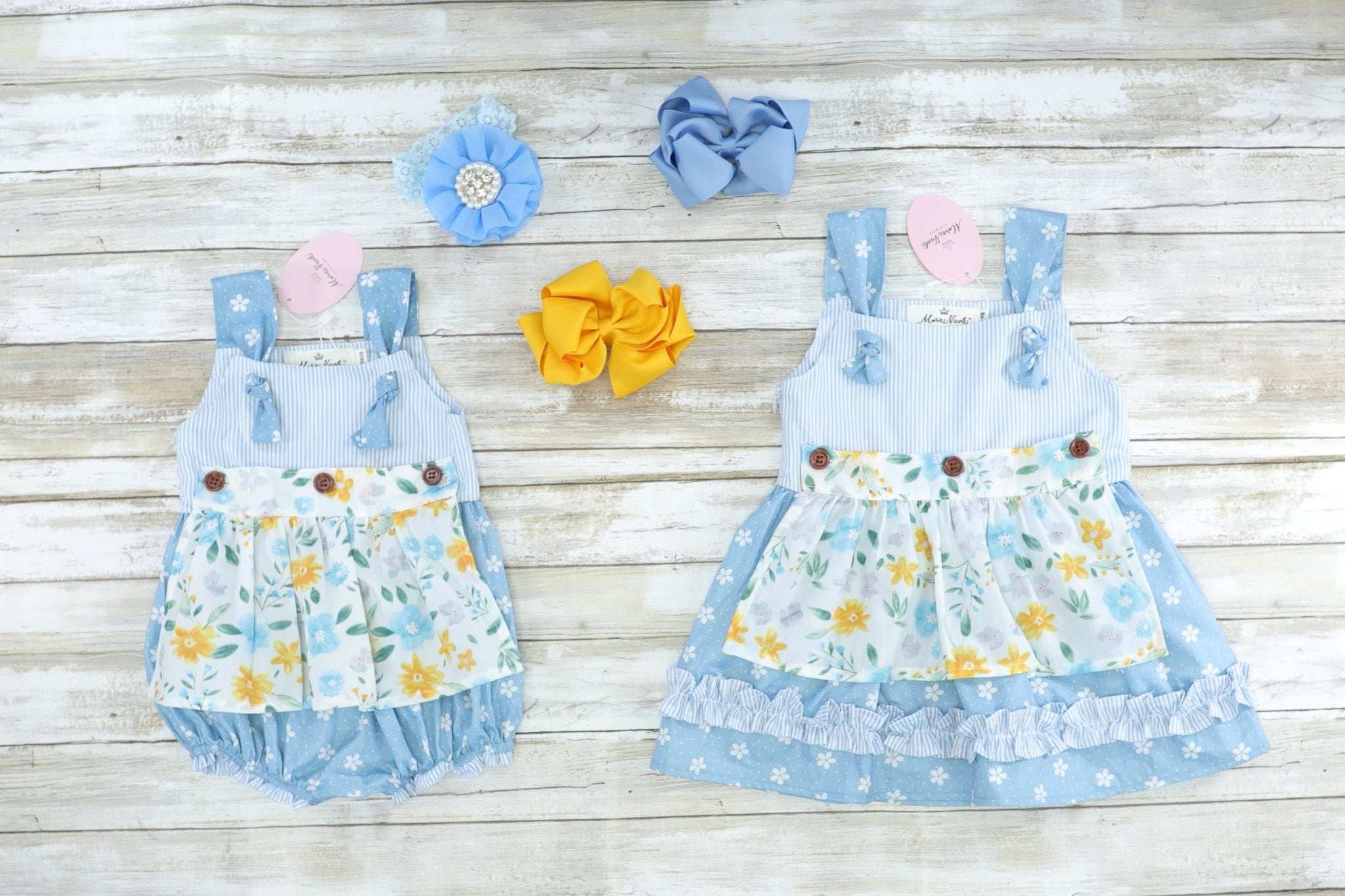 Cornflower Blue Floral Apron Dress - Marie Nicole Clothing