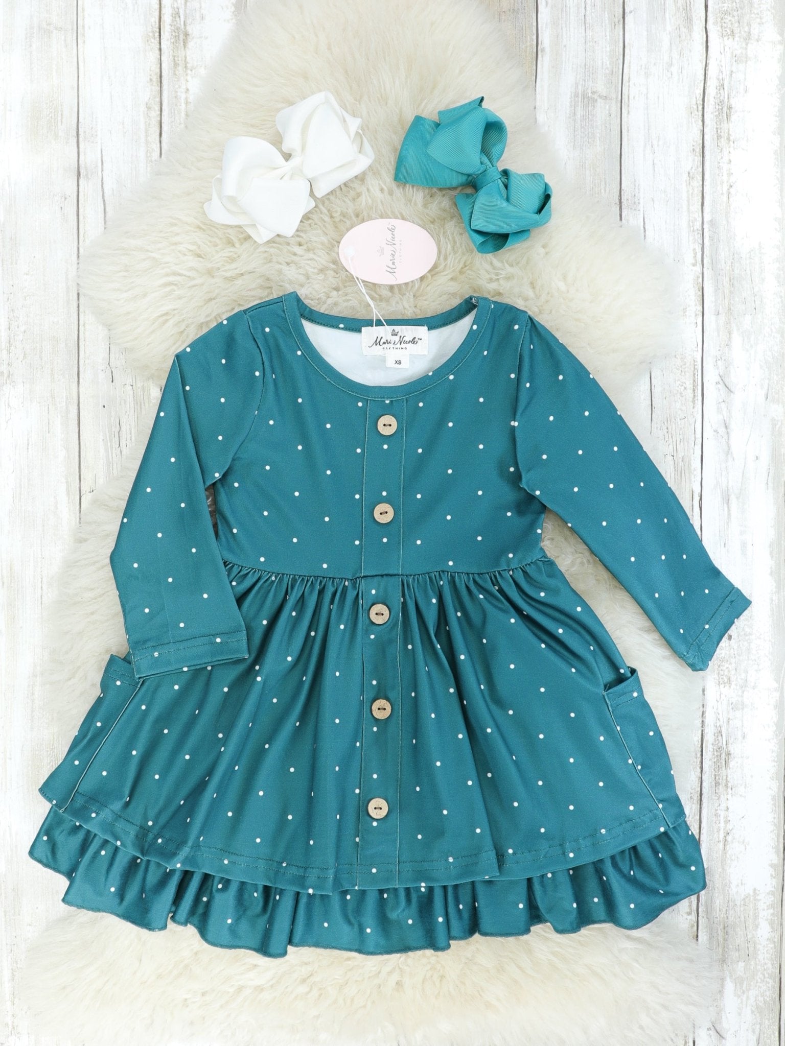 Teal Polka Dot Pocket Ruffle Dress - Marie Nicole Clothing