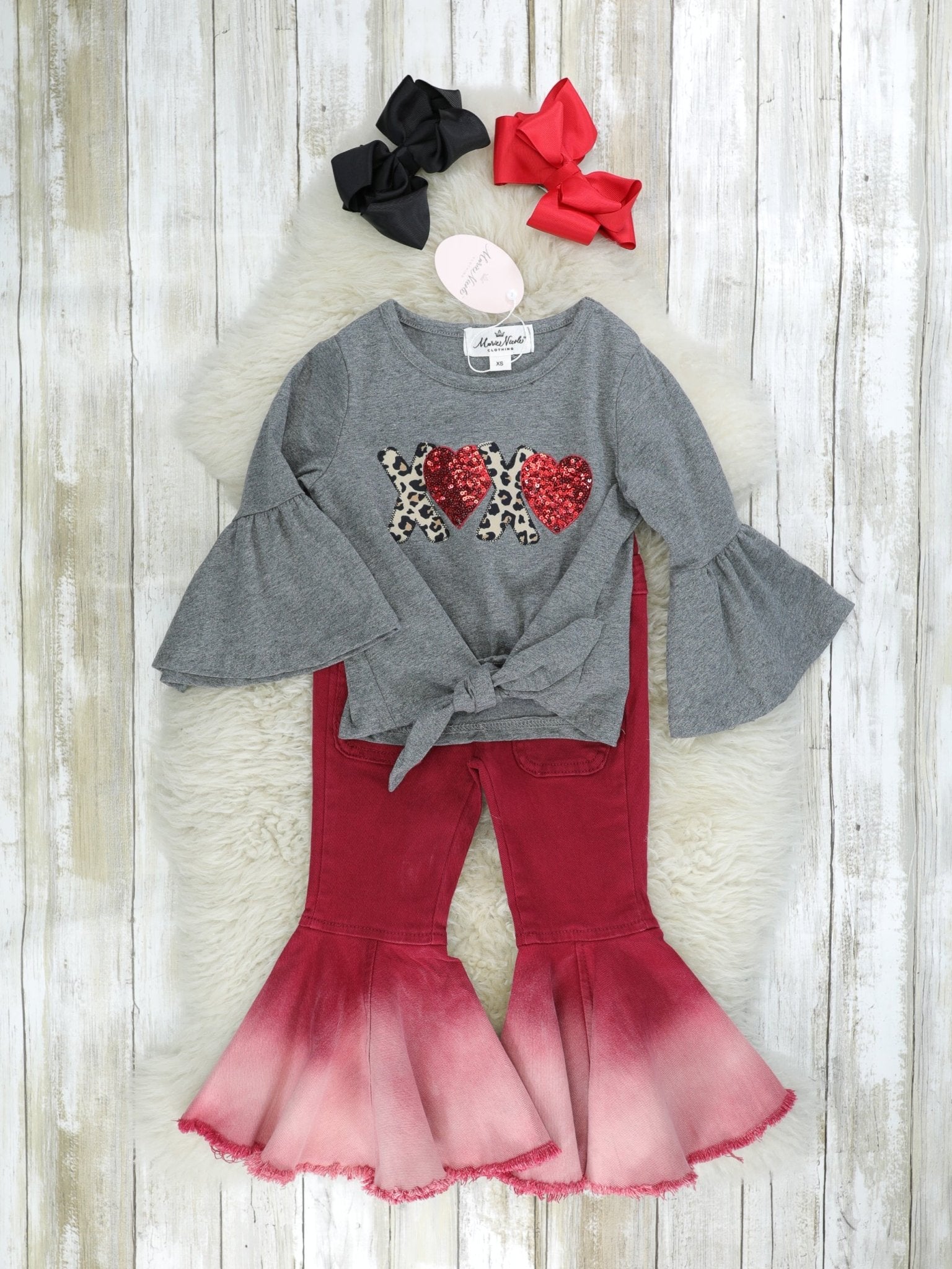 Leopard "XOXO" Tie Top & Denim Bell Bottoms Outfit - Marie Nicole Clothing