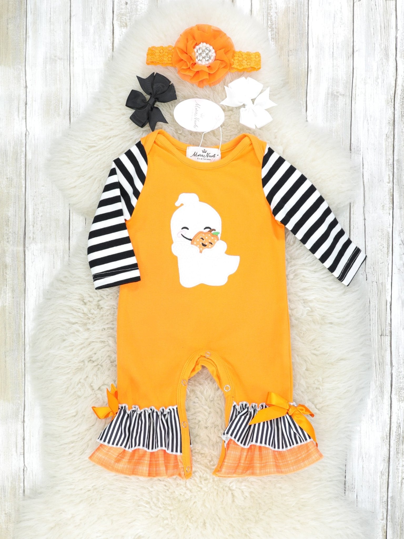 Striped Raglan Cuddle Ghost Ruffle Romper - Marie Nicole Clothing