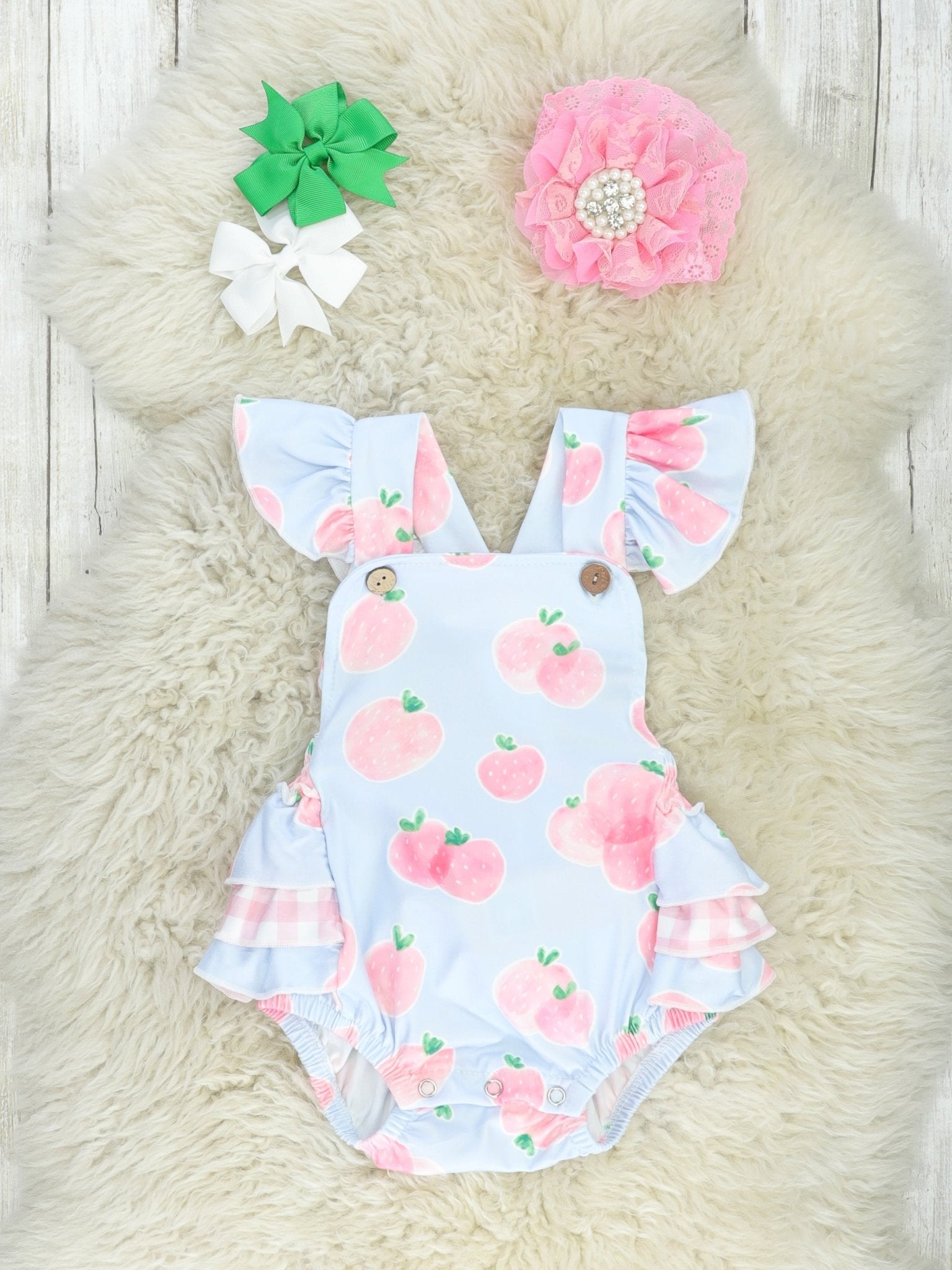 Pastel Gingham Strawberry Ruffle Bubble Romper - Marie Nicole Clothing
