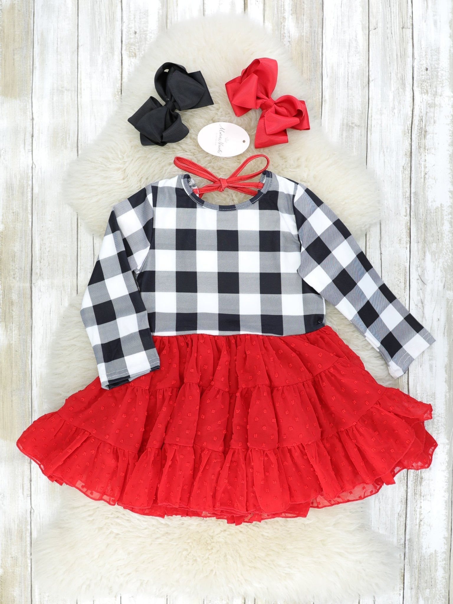 Red Gingham Swiss Dot Tiered Dress - Marie Nicole Clothing