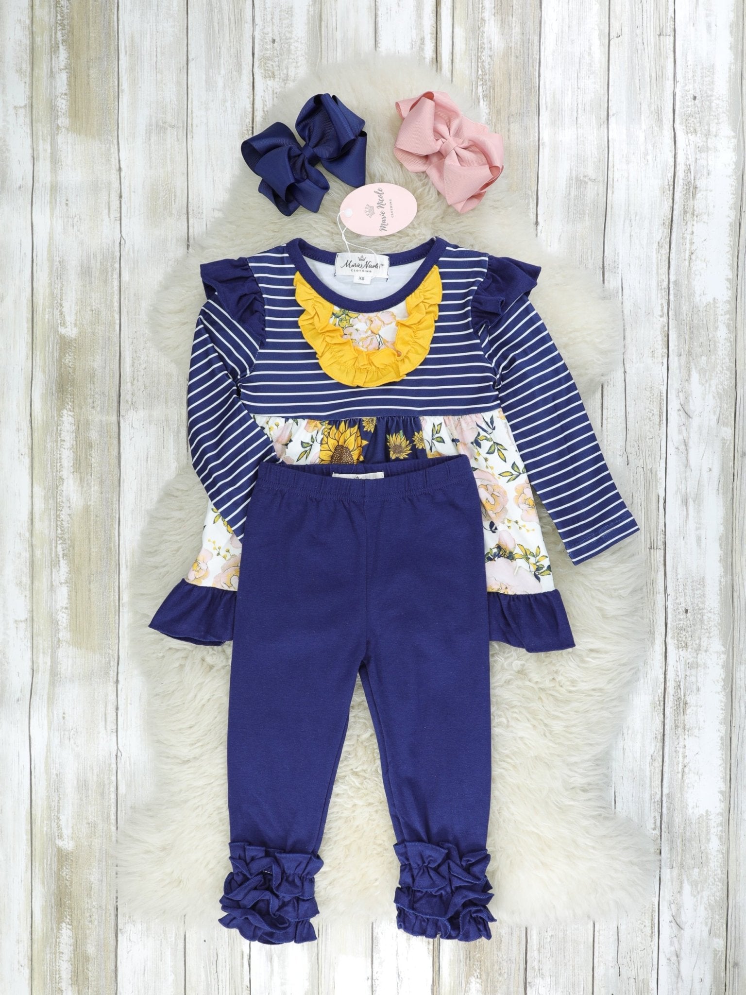Navy & Mustard Floral Ruffle Outfit - Marie Nicole Clothing