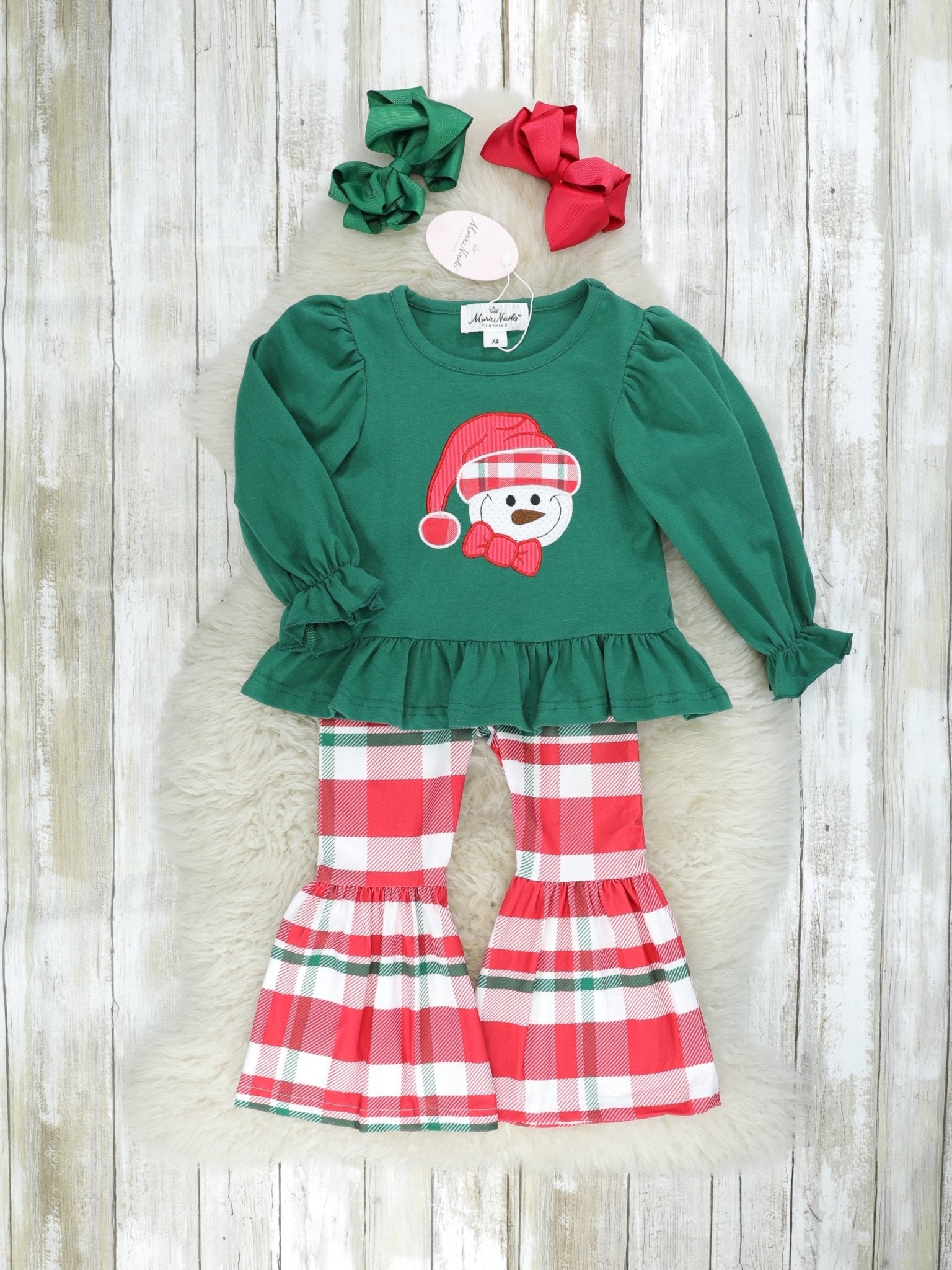 Green Snowman Ruffle Top & Plaid Bell Bottoms Outfit - Marie Nicole Clothing