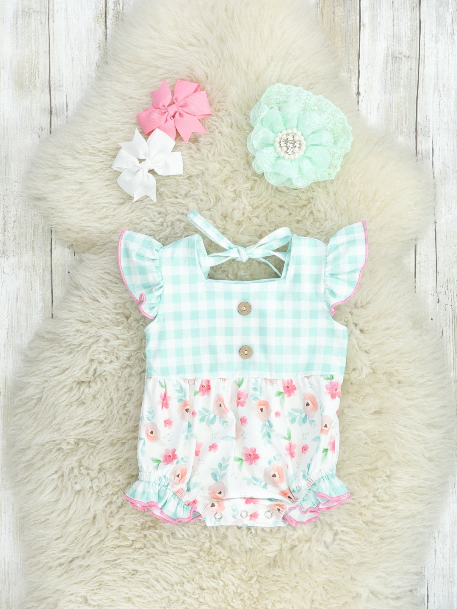 Mint Gingham Floral Ruffle Bubble Romper - Marie Nicole Clothing
