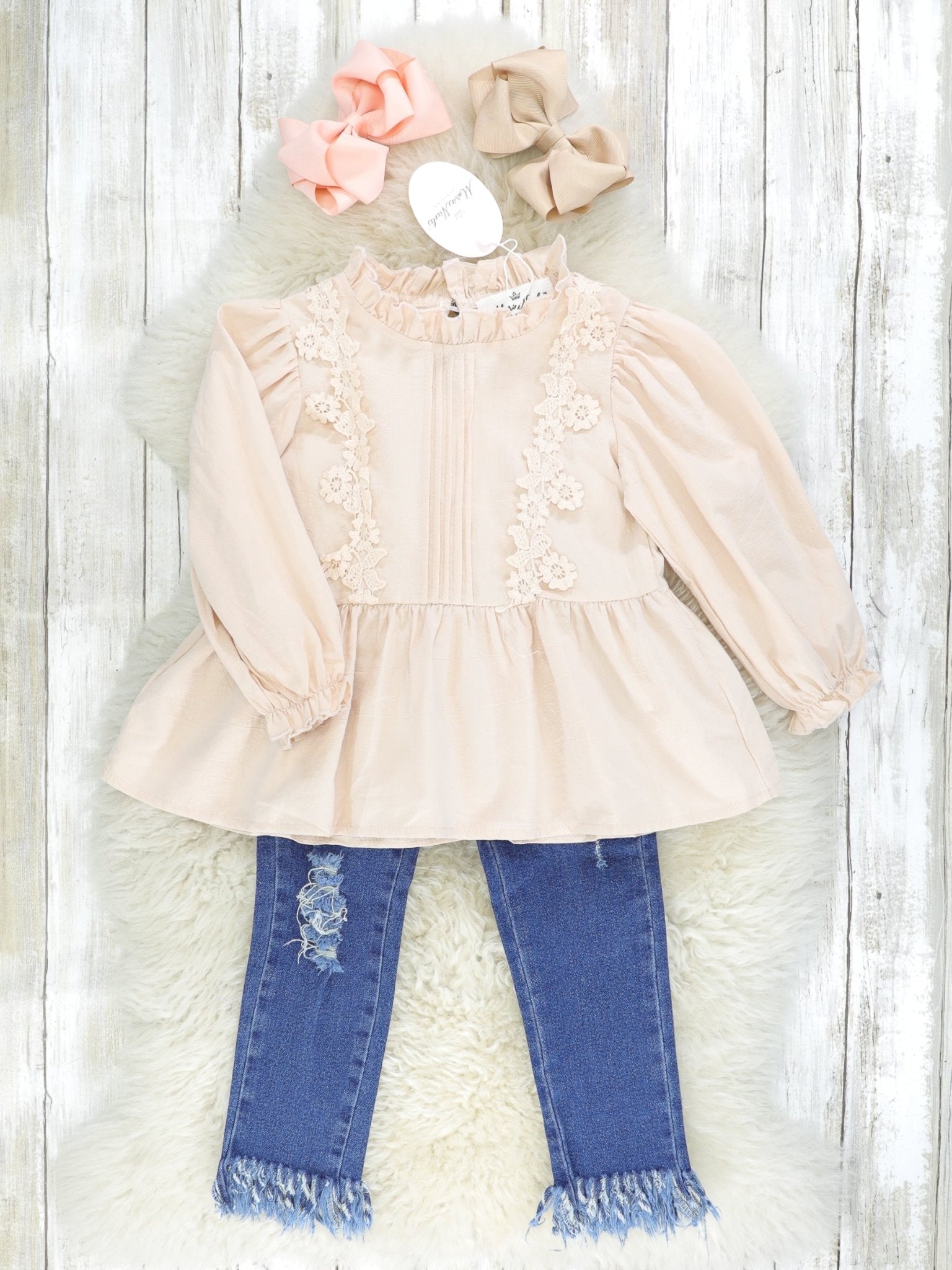Cream Vintage Mock Neck Top & Distressed Denim Outfit - Marie Nicole Clothing