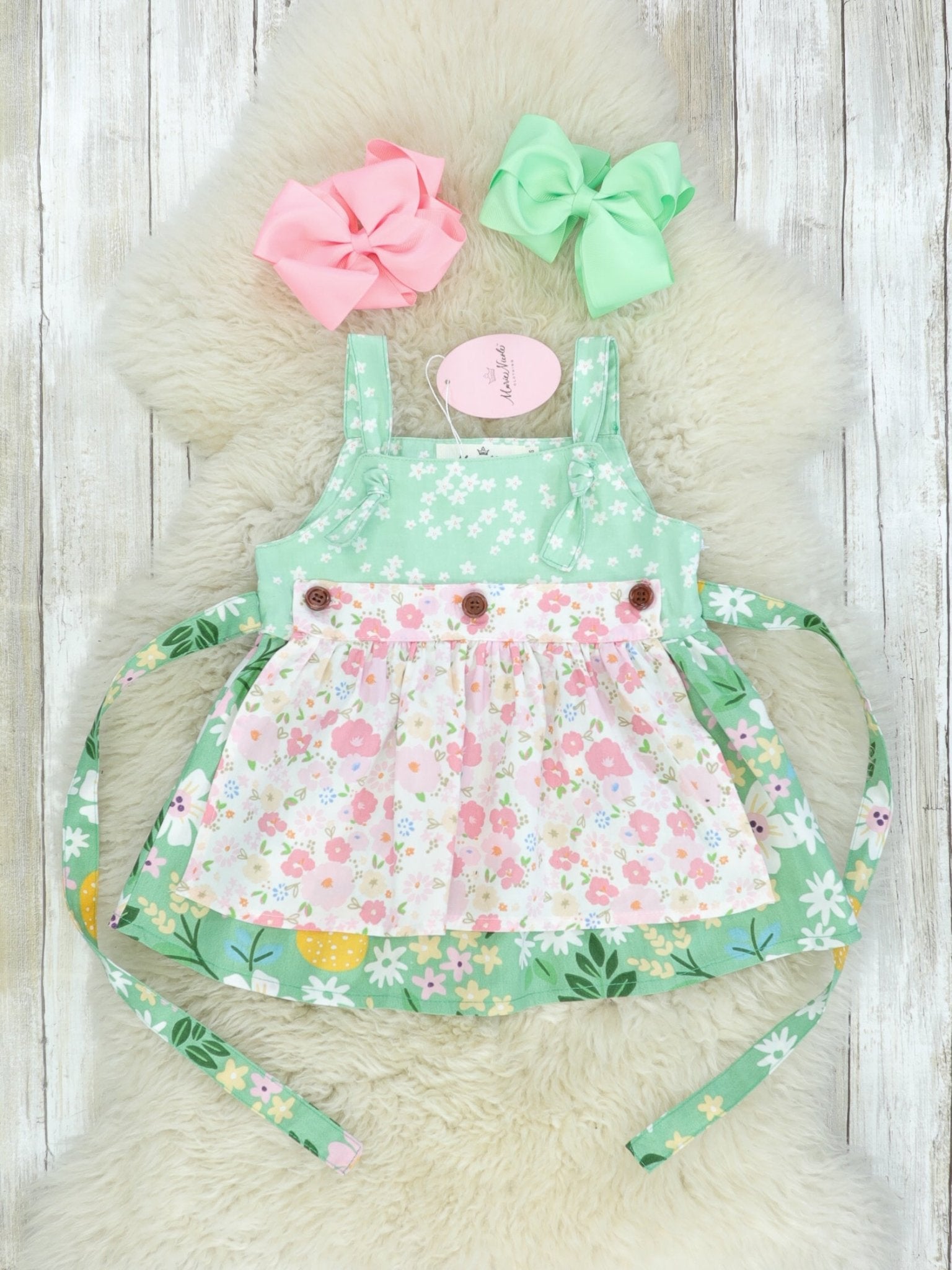 Green & Pink Floral Apron Dress - Marie Nicole Clothing