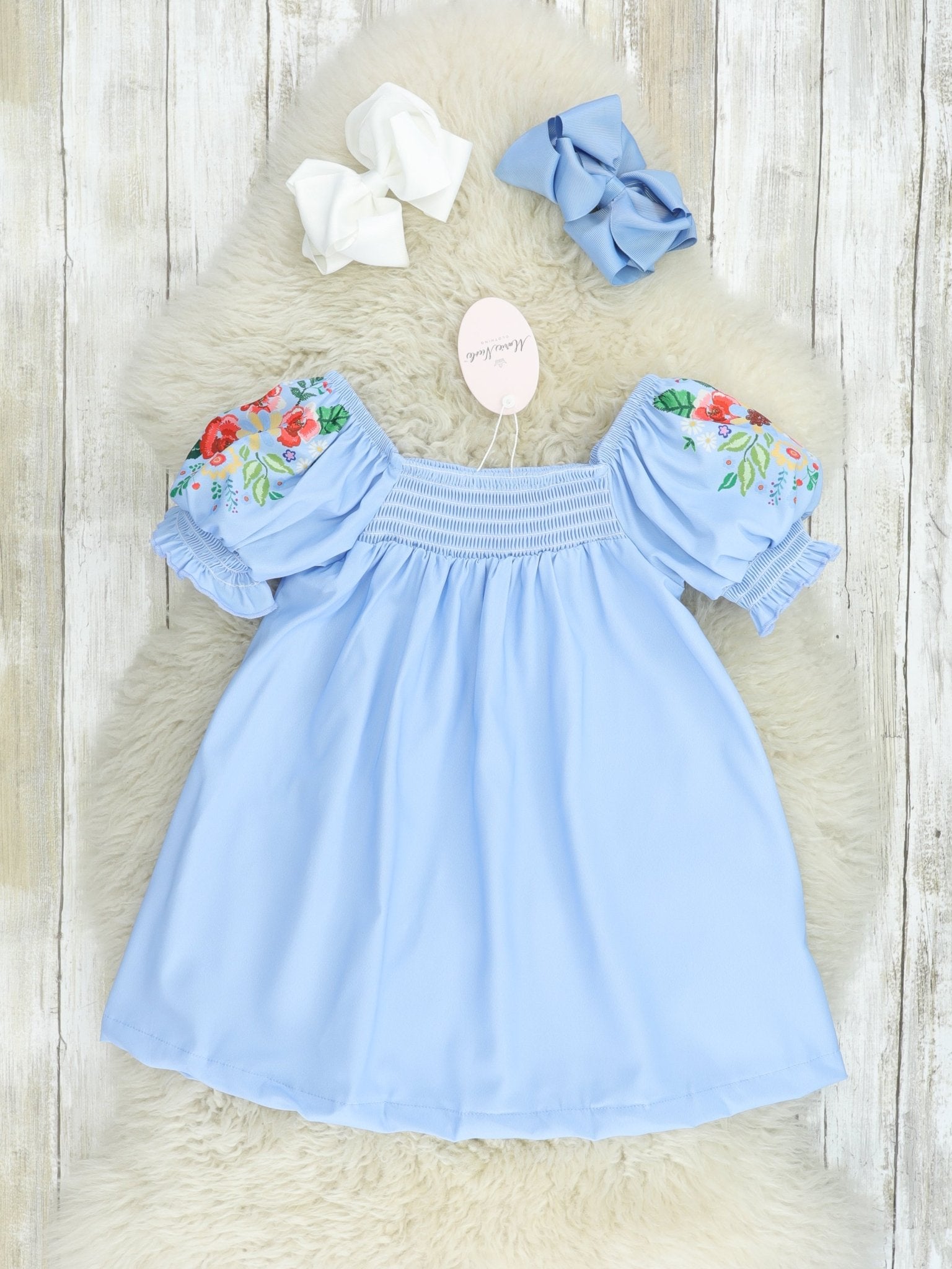 Cornflower Blue Smocked Floral Dress - Marie Nicole Clothing