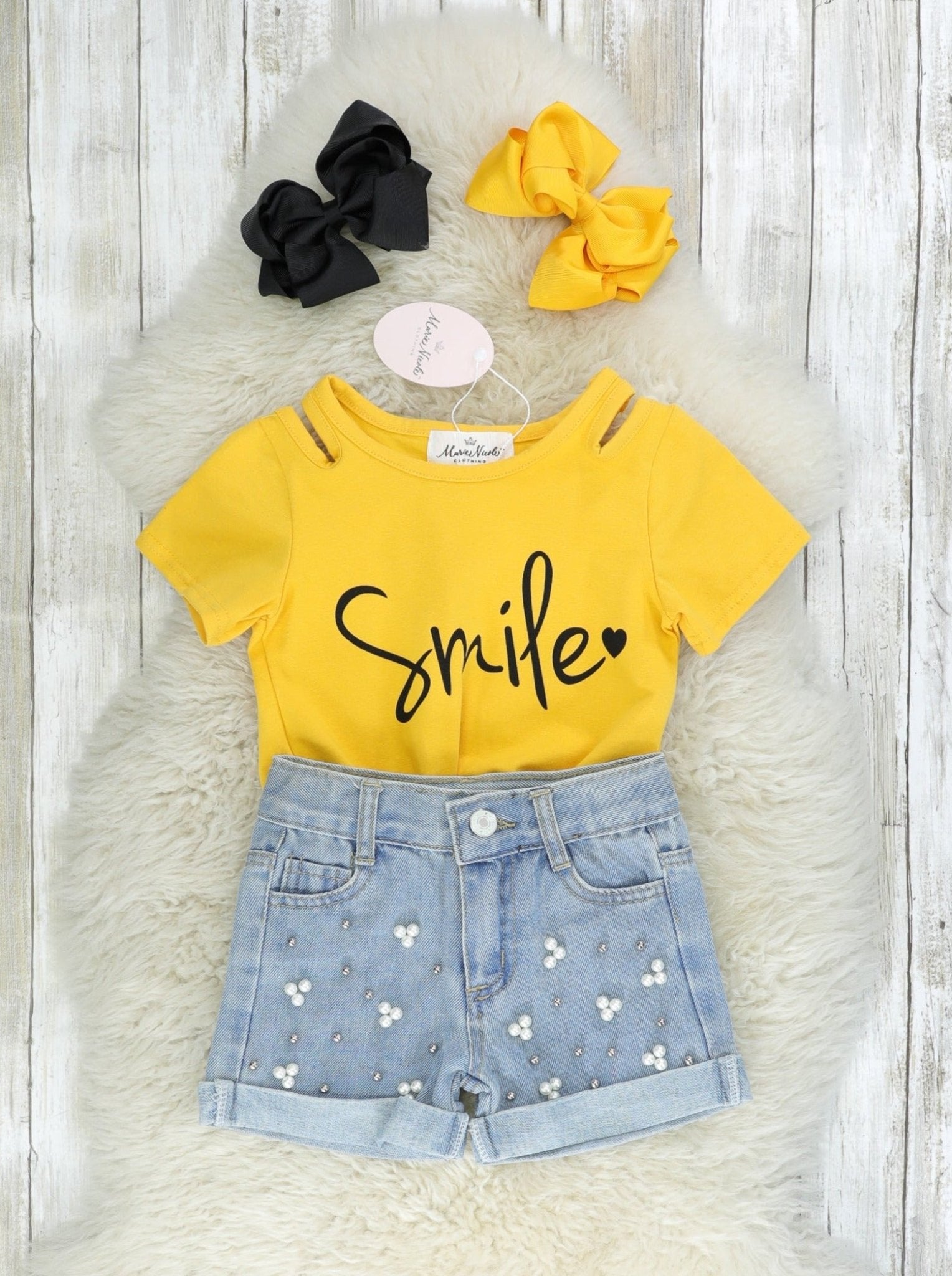 Yellow "Smile" Tie Top & Denim Shorts Outfit - Marie Nicole Clothing
