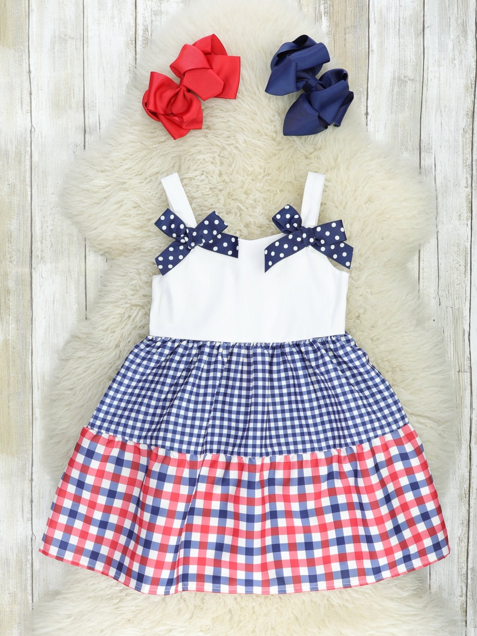 Red & Blue Gingham Bow Dress - Marie Nicole Clothing