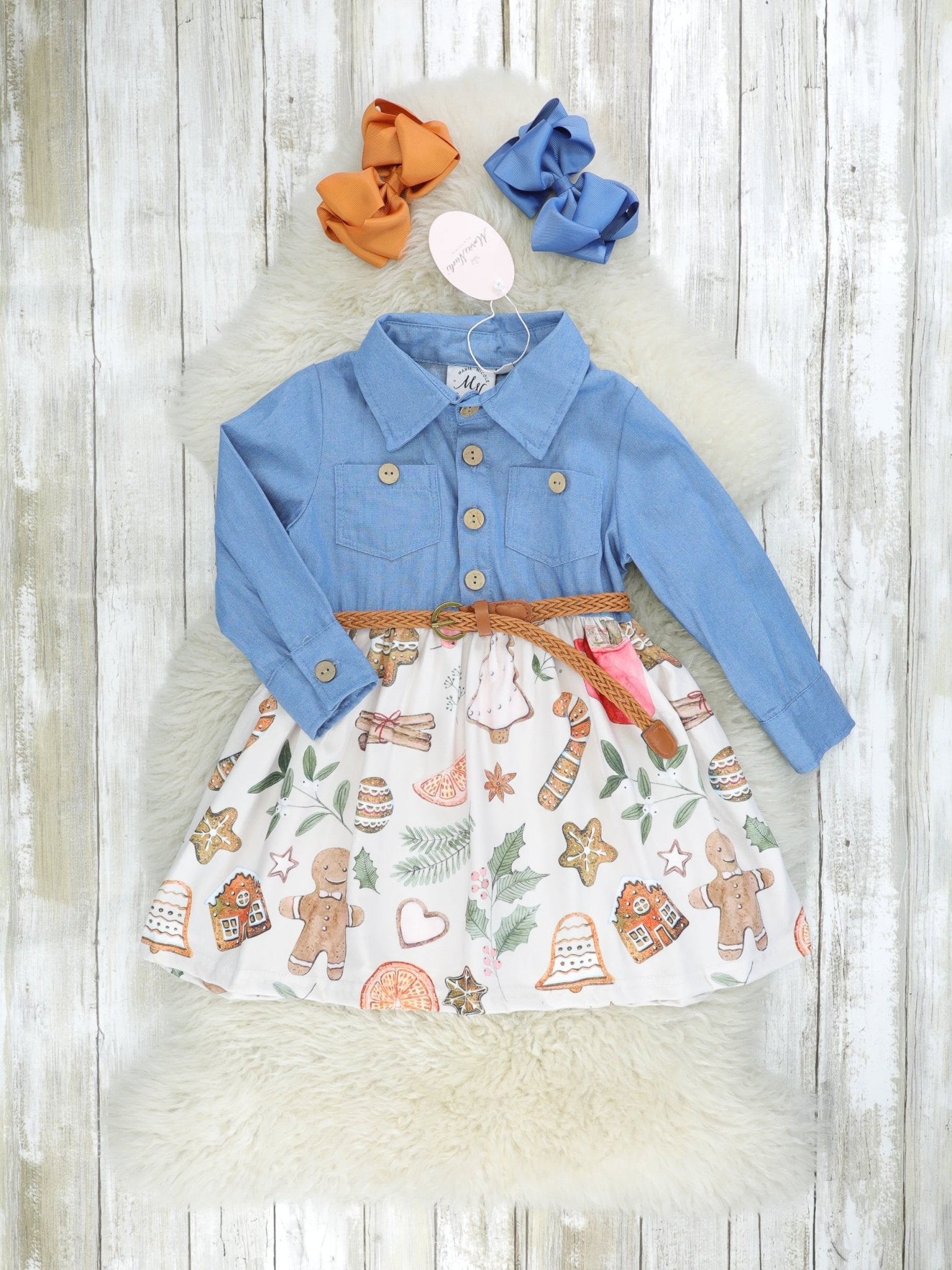 Chambray Cookie Button Dress - Marie Nicole Clothing