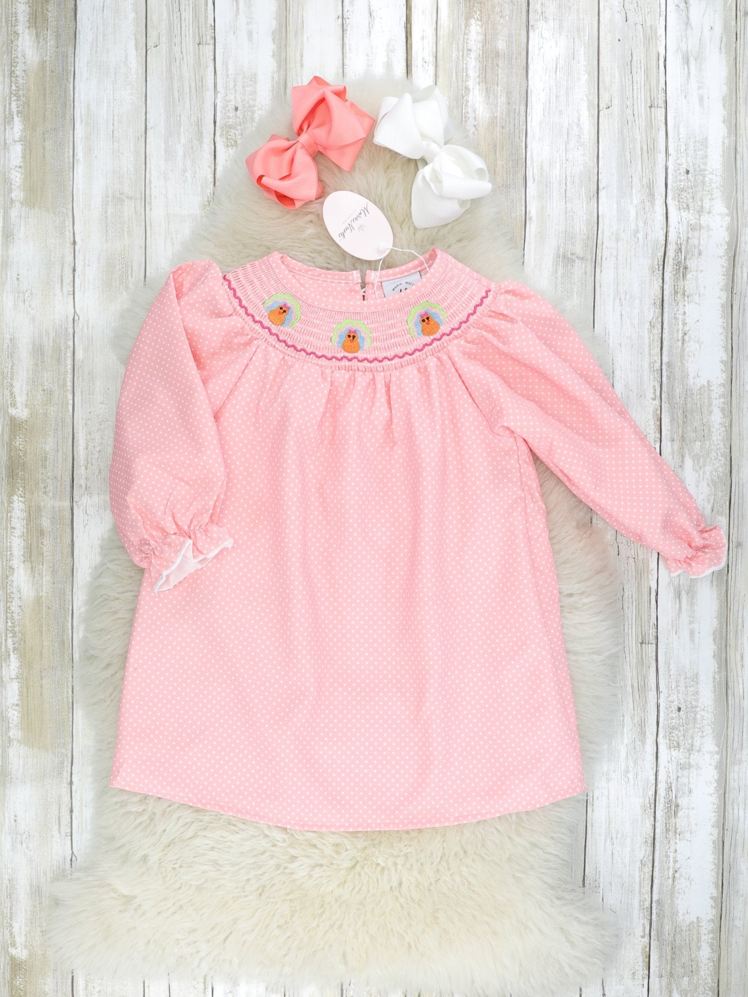 Pink Smocked Polka Dot Turkey Dress - Marie Nicole Clothing