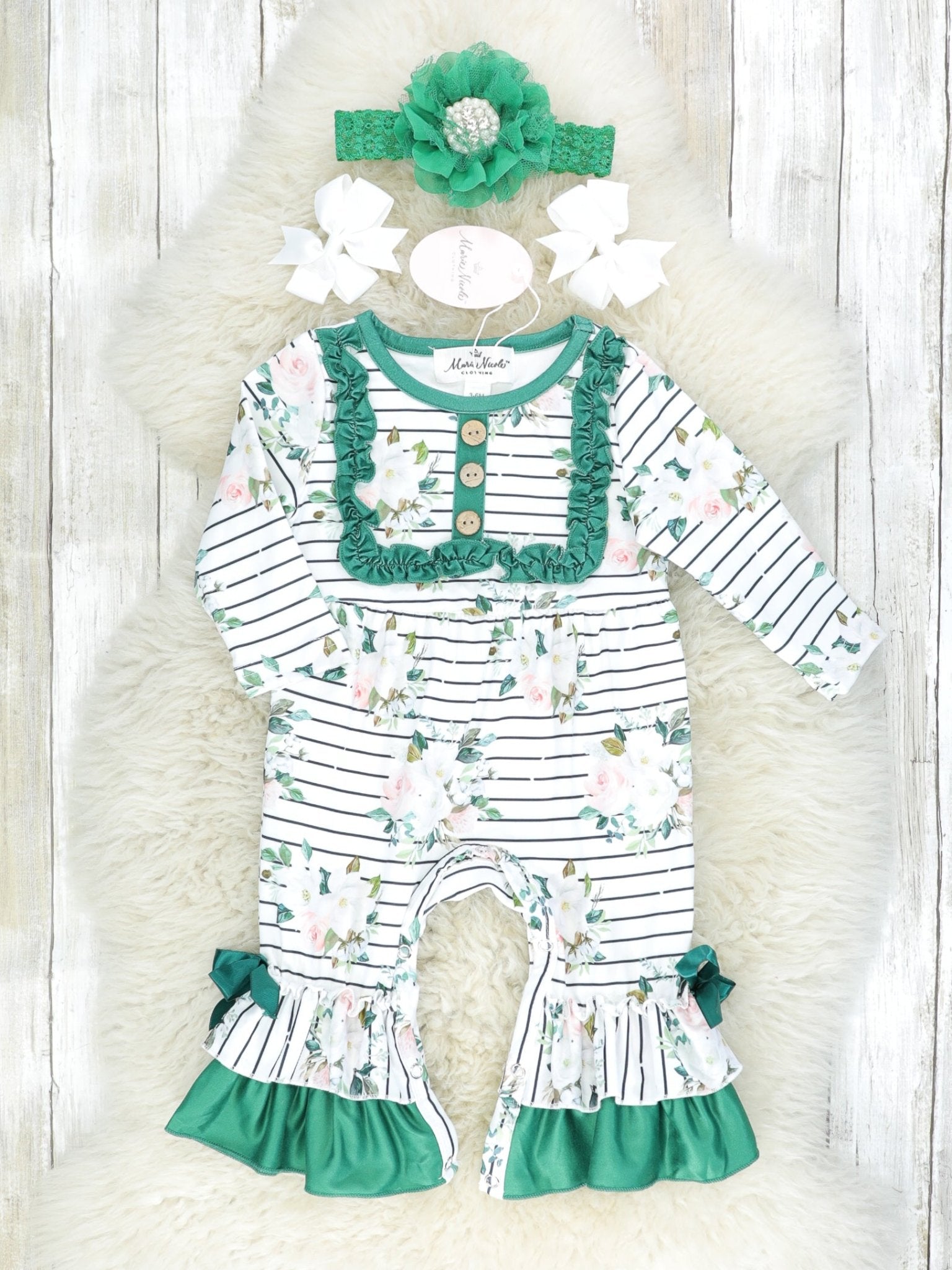 Forrest Green Striped Floral Ruffle Romper - Marie Nicole Clothing