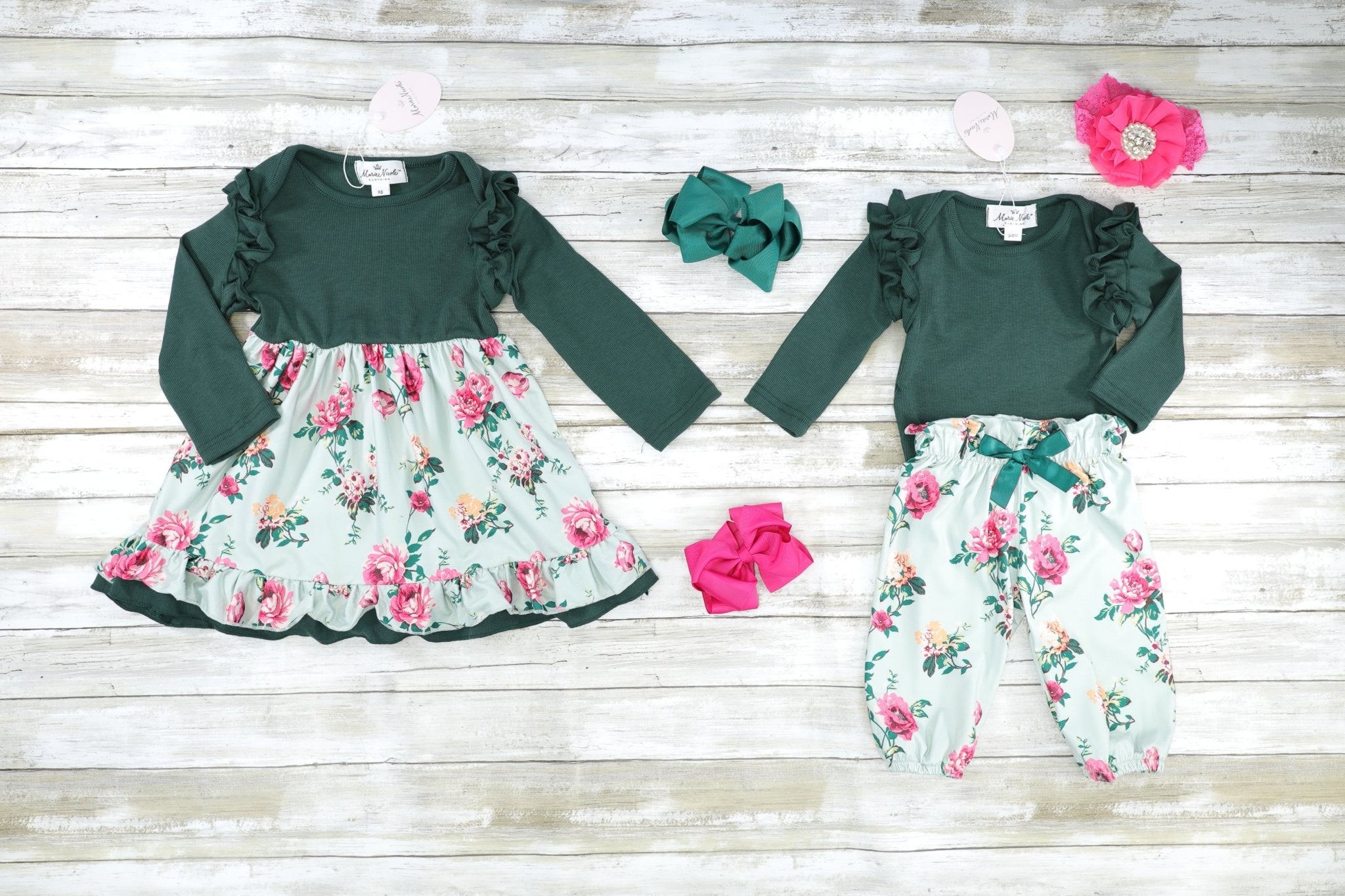 Hunter Green Rose Ruffle Onesie & Jogger Set - Marie Nicole Clothing