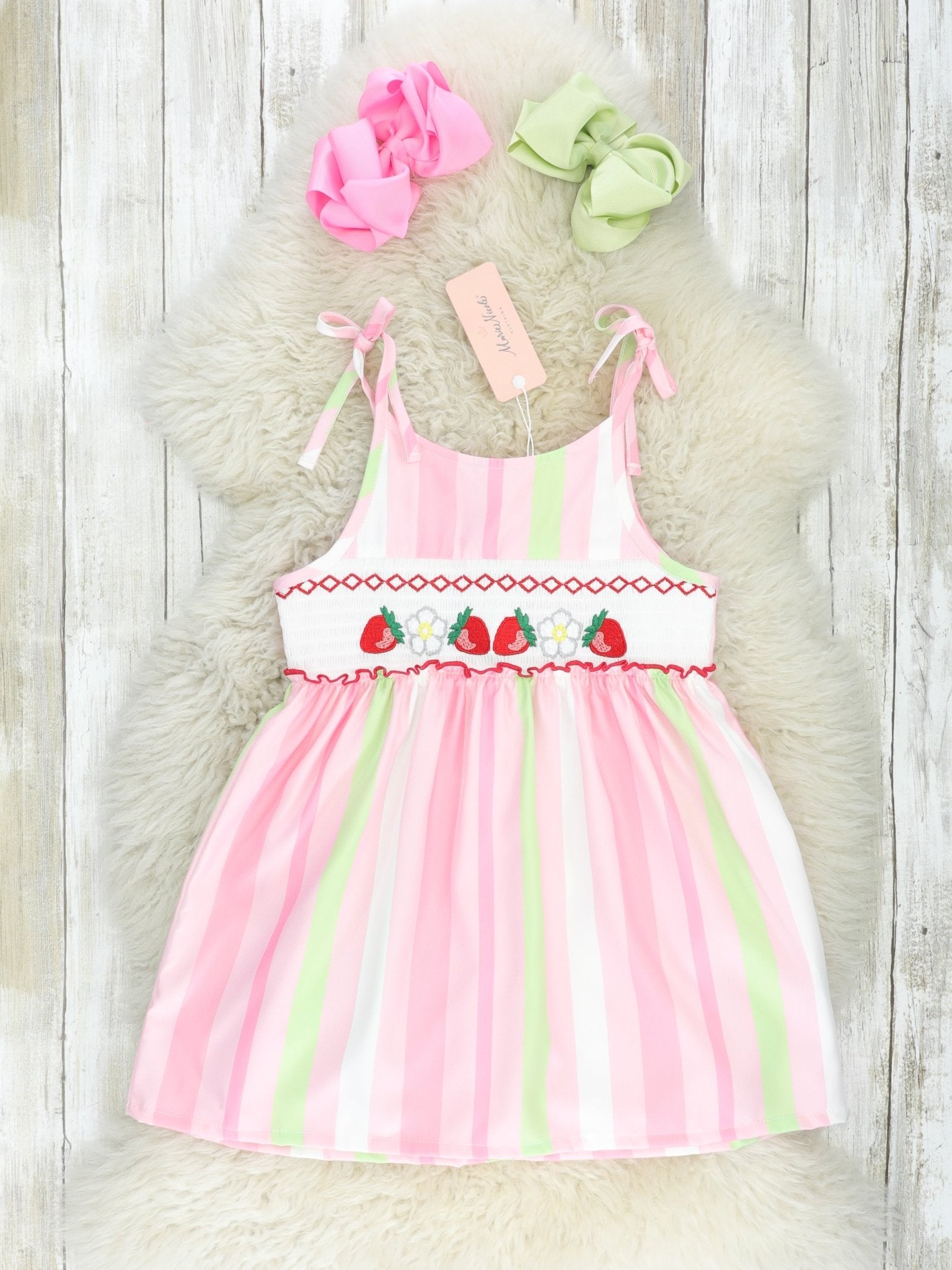 Pink & Green Striped Smocked Strawberry Dress - Marie Nicole Clothing