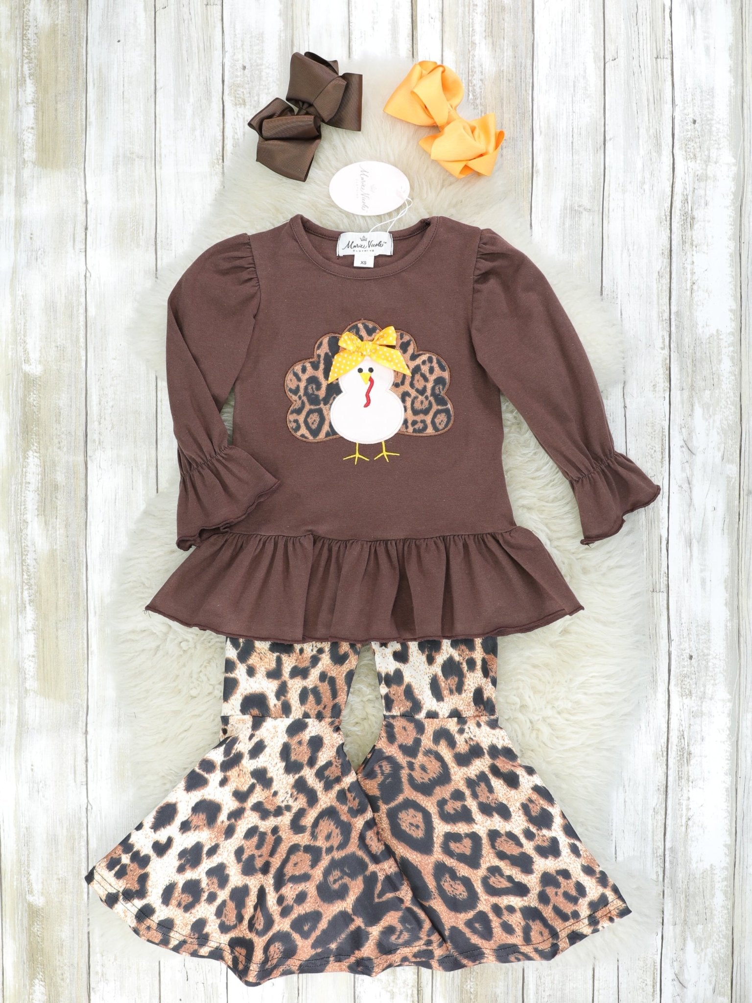Brown Turkey Ruffle Top & Leopard Bell Bottoms Outfit - Marie Nicole Clothing