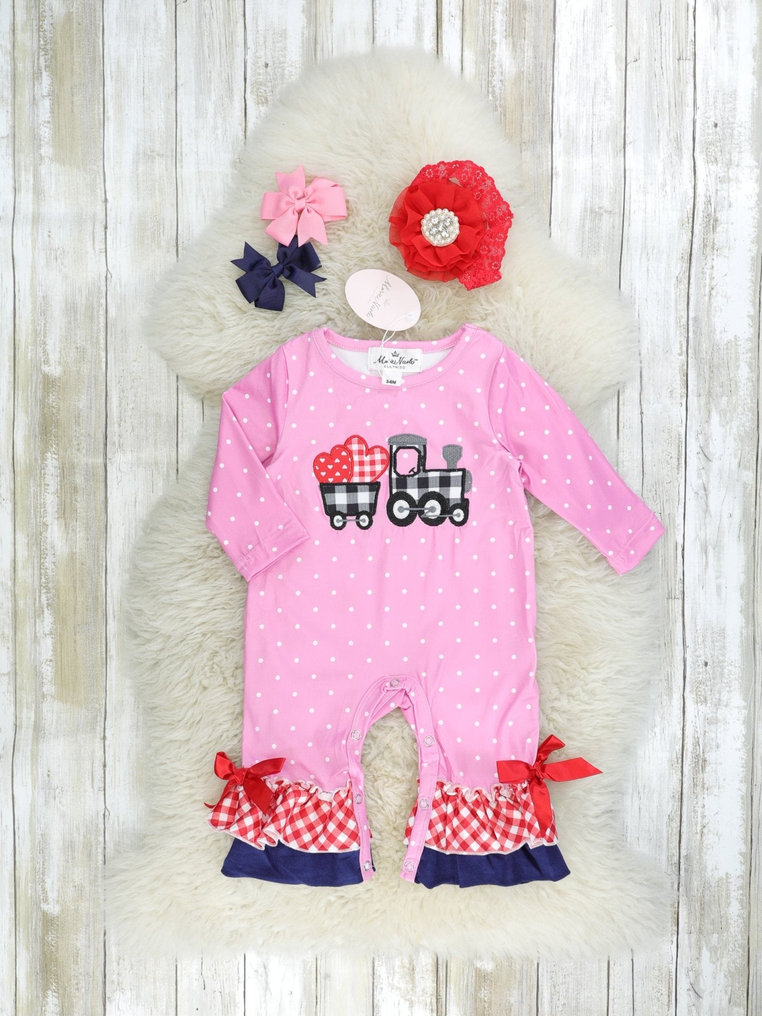 Gingham Heart Train Ruffle Romper - Marie Nicole Clothing