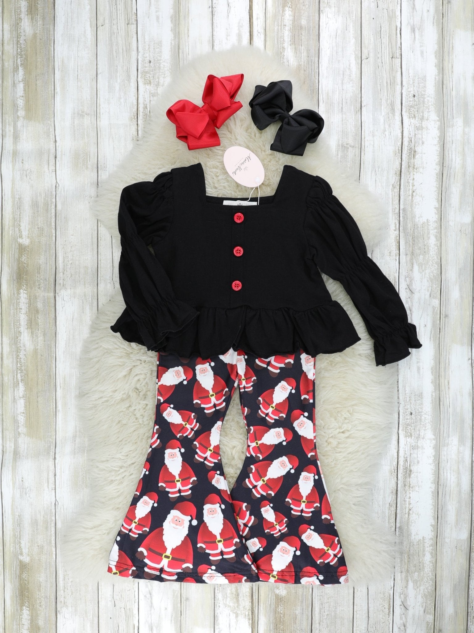 Black Puff Sleeve Top & Santa Bell Bottoms Outfit - Marie Nicole Clothing