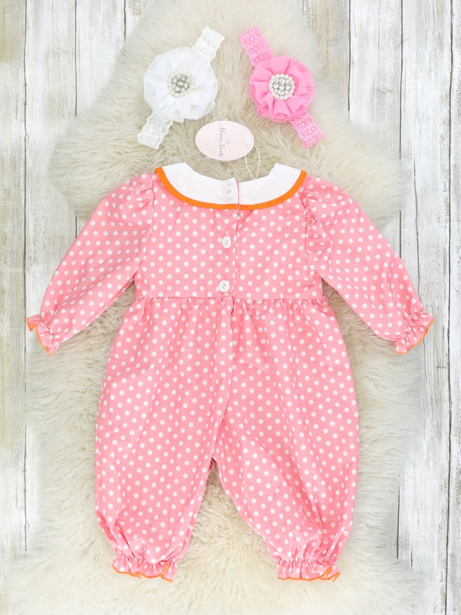 Pink Polka Dotted Smocked Pumpkin Romper - Marie Nicole Clothing
