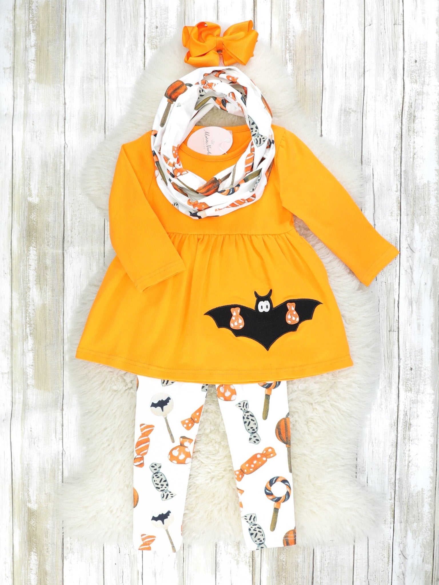 Orange Bat Peplum Top & Candies Bottoms Outfit W/ Scarf - Marie Nicole Clothing